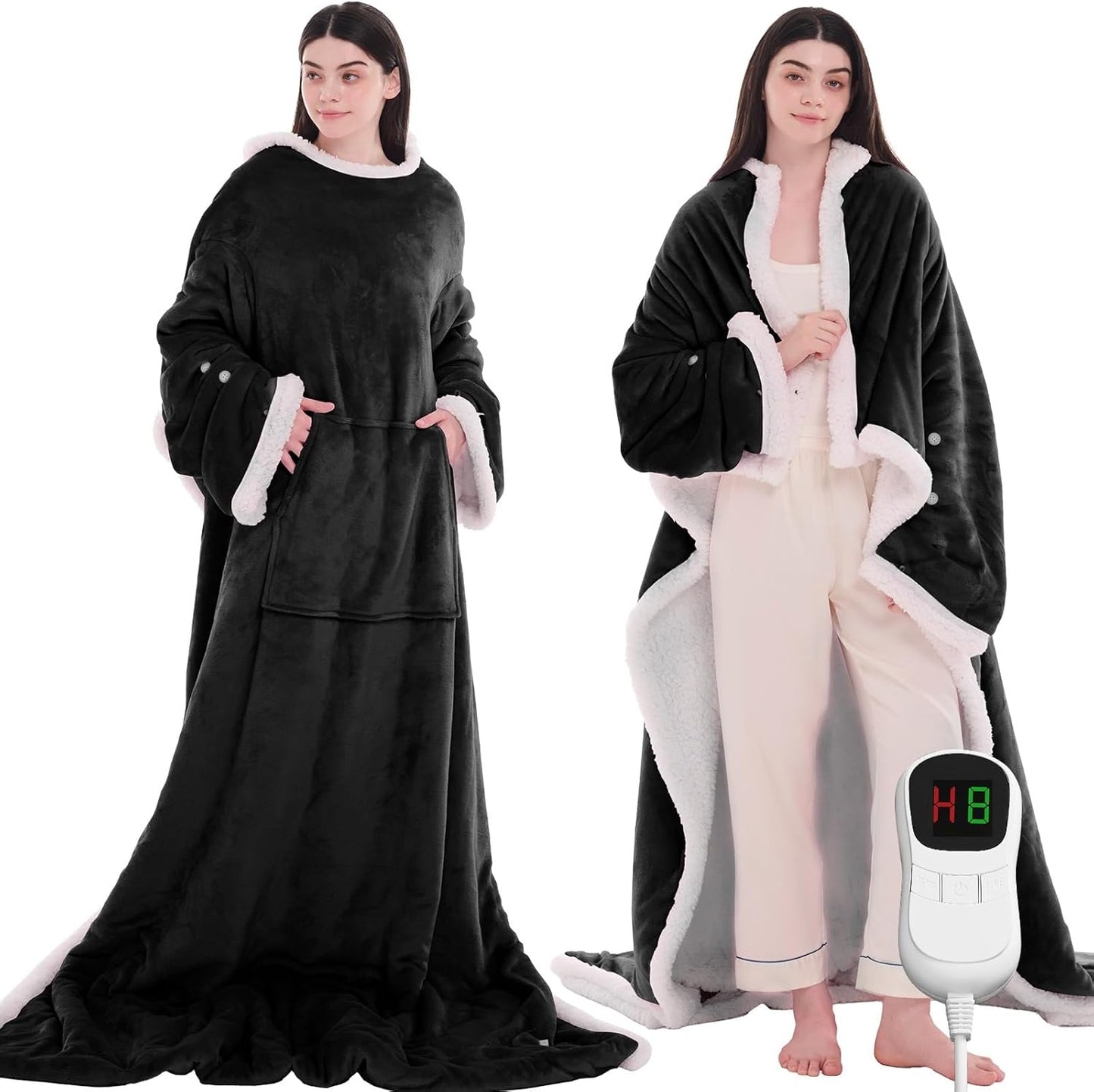 Heated Electric Blanket Wearable Throw - Heated Wearable Robe with Sleeves and Foot Pockets - Heating Blanket with 10-Level Heating Auto-Off Flannel Heated Hoodie for Adults(50''x75'', Black)