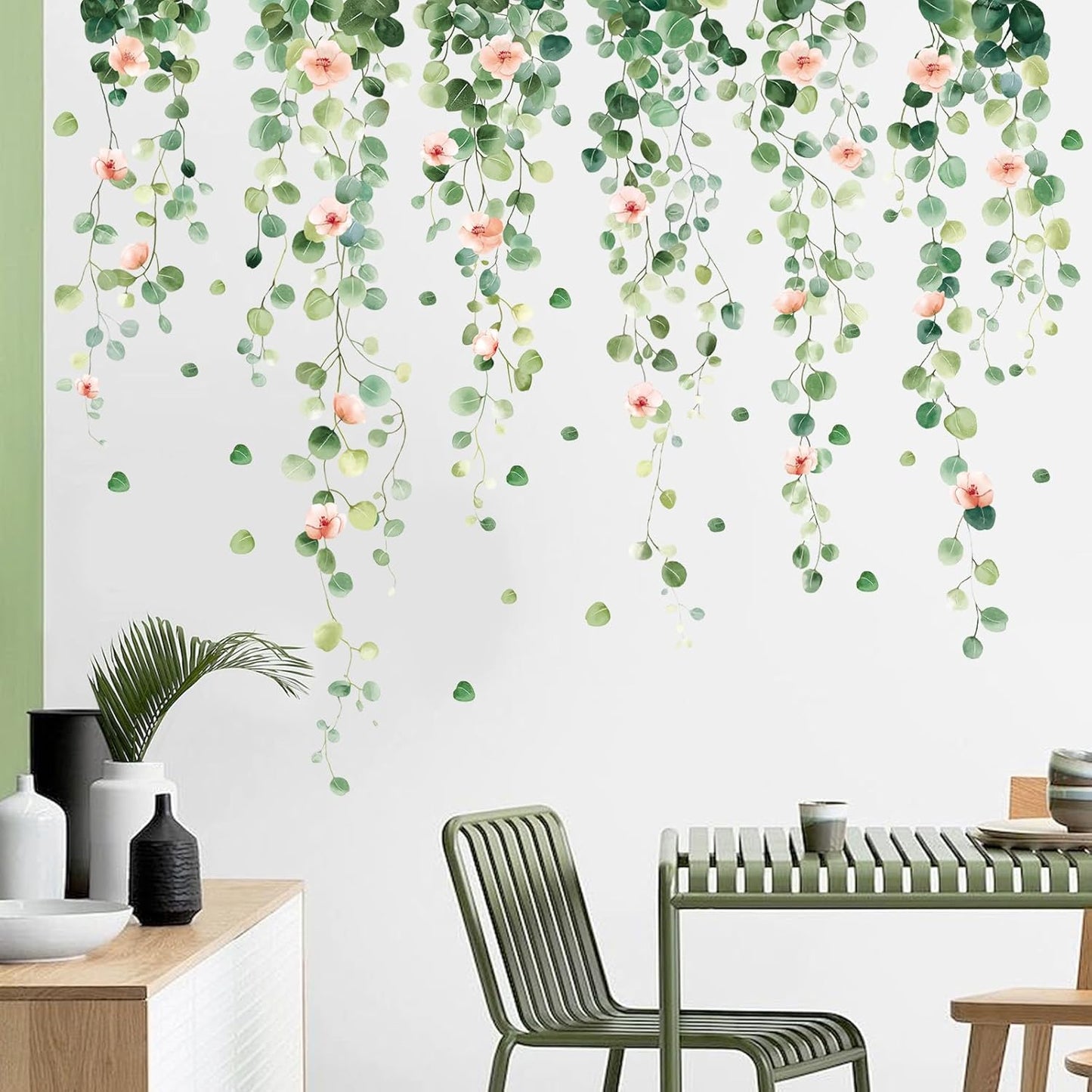 SHUCHING Green Hanging Vine Leaves Wall Sticker Peel and Stick, Vinyl Plants Wall Decal, Wall Decor Art for Living Room Bedroom Sofa TV Background