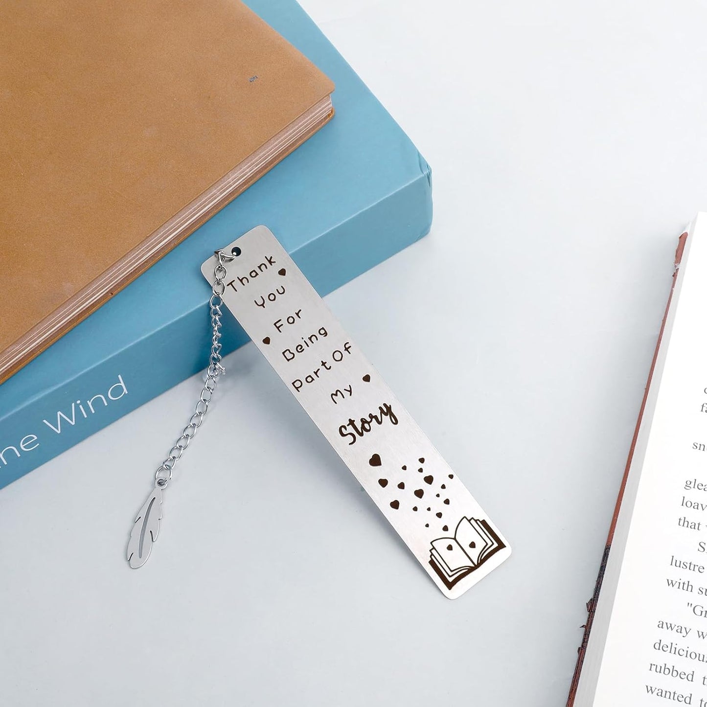 Metal Bookmark Gift, Engraved Thank You for Being Part of My Story Thank You Appreciation Silver Stainless Steel Book Mark with Leaf Pendant Book Mark Christmas Gifts for Women Men Books Lover Friends