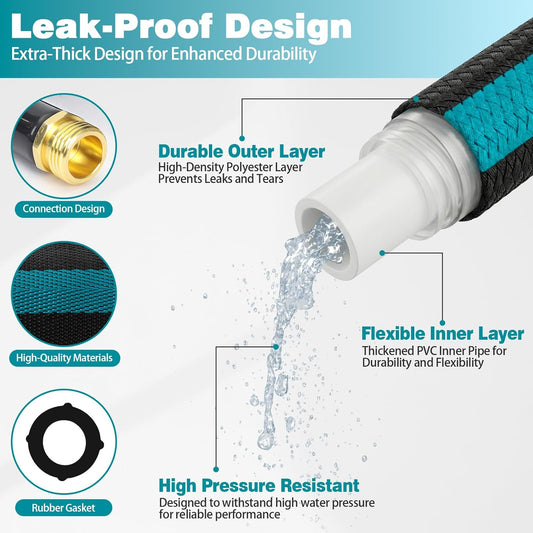 100FT Garden Hose, Kink-Free Non-Expandable Flexible Water Hose with 10-Pattern Spray Nozzle, Lightweight Leakproof Flat Hose with 3/4” Solid Brass Connector for Yard, Lawn & Outdoor Use