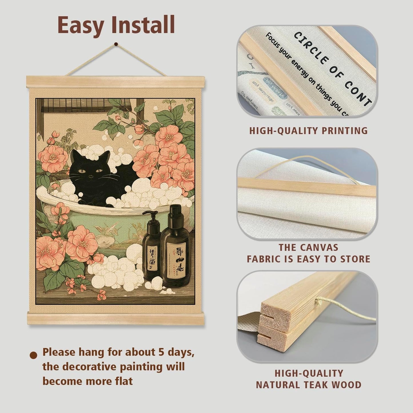 Funny Japanese Style Black Cat Bathing Linen Poster with Wood Hanger, Elegant Animal Wall Art,Vintage Bathroom Wall Hanging Decor for Cat Lovers,Friends Gift 14 x 18.5 Inches (Black-cat)