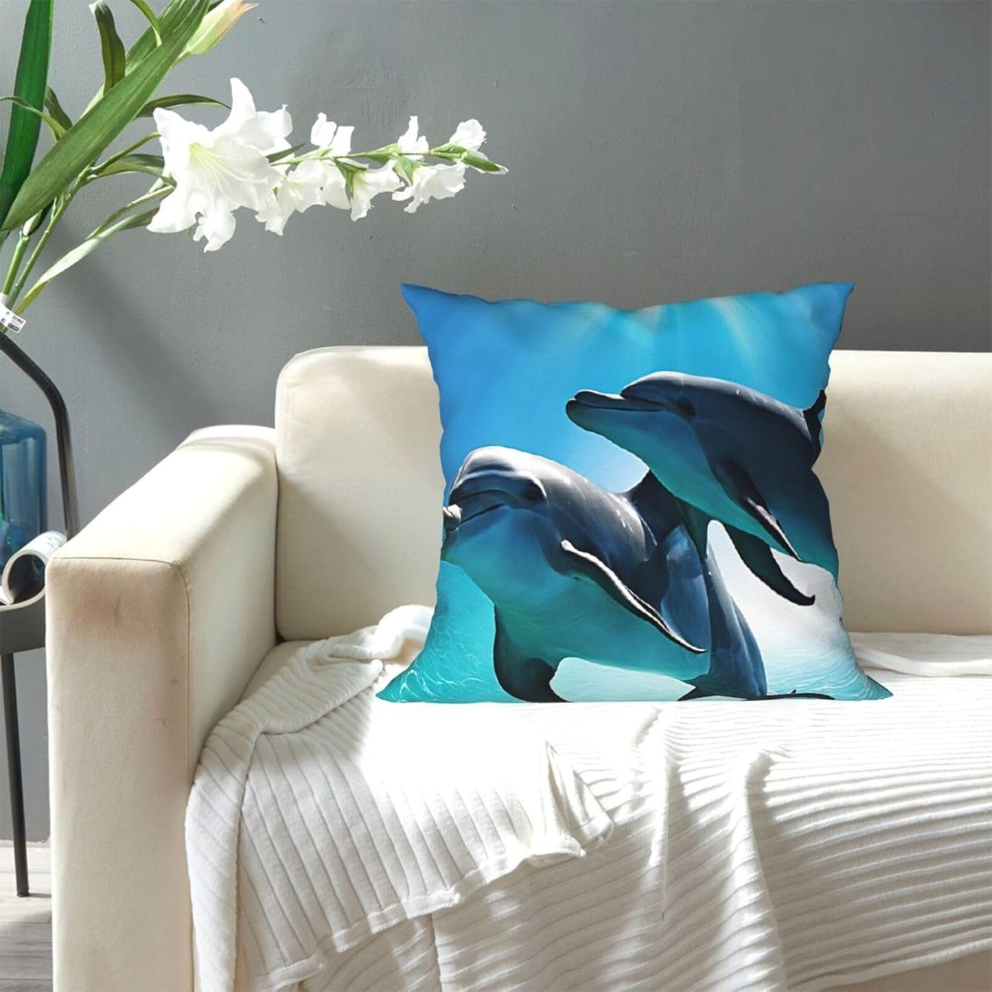 All-Season Square Pillow Covers 18"X18", Dolphins in The Sea, Decorative Throw Pillow Covers for Sofa Bed Couch, Hidden Zipper Cushion Cover, Square Lumbar & Accent Pillowcases for Home Decor