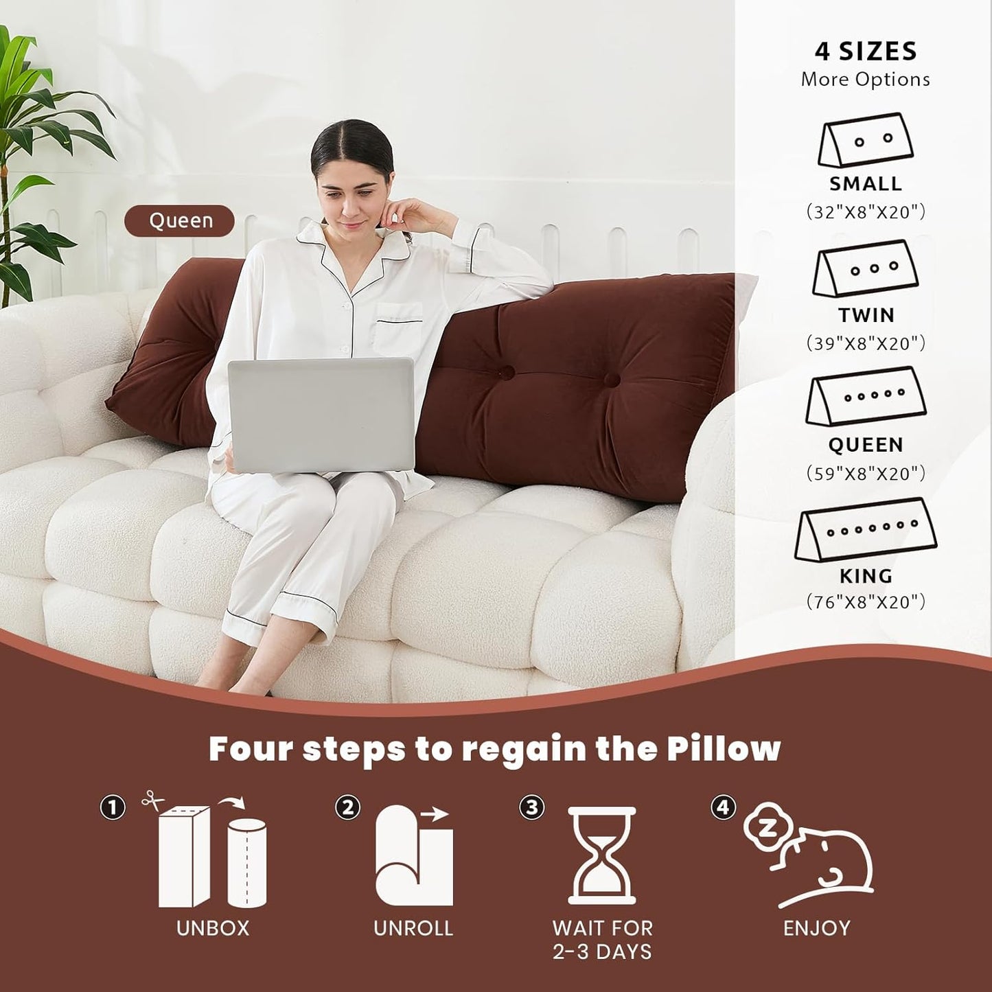 Headboard Pillow for Bed,Triangular Wedge Pillow Headboard Soft Support While Reading and Resting,Bed Bolster Cushion Headboard with Removable Cover,Coffee Brown,Twin (39"x8"x20")