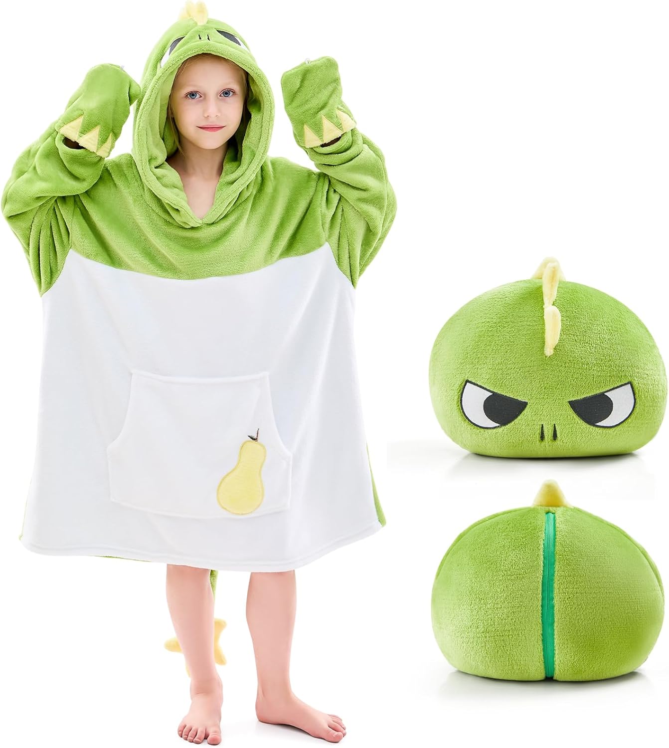 IFNOW Wearable Blanket Hoodie Kids, Oversized Fleece Blanket Sweatshirt Christmas Birthday Gifts for Boys, Girls, Teen Hoodie with Portable Foldable Blanket Pillow, Embroidery 5-15 Years, DinoPear