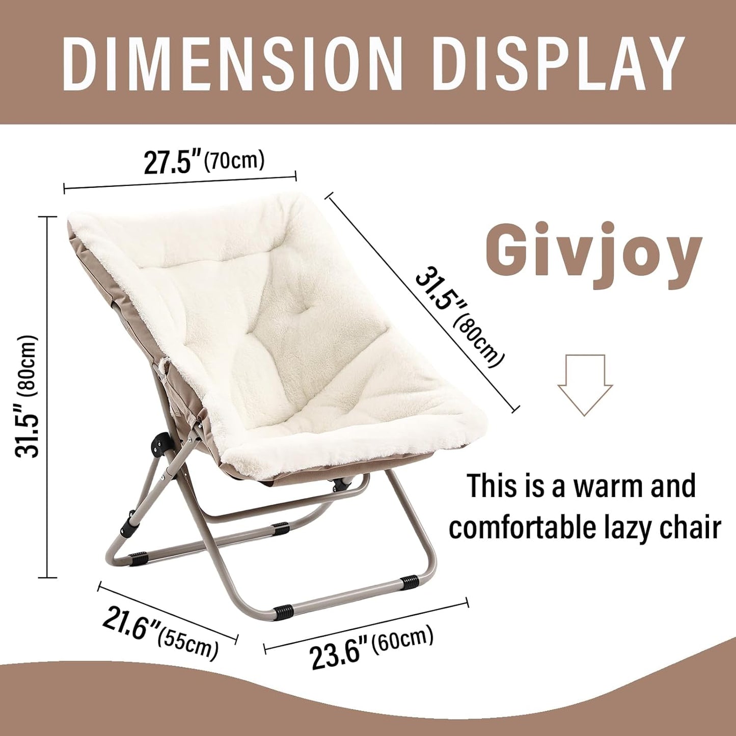 Living Room Chair, Soft Faux Fur Folded Chair Oversized Folding Accent Chairs, Furry Lazy Chairs, Metal Frame Moon Chair for Bedroom, Living Room