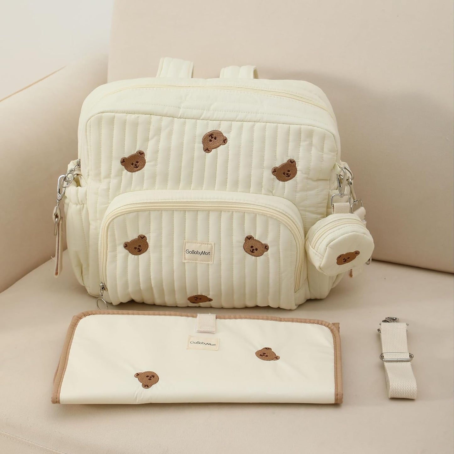 Diaper Bag Backpack, Medium Maternity baby bag & Changing Pad, Insulated Pockets, Stroller Straps & Pacifier Case (Medium - Beige Bears)