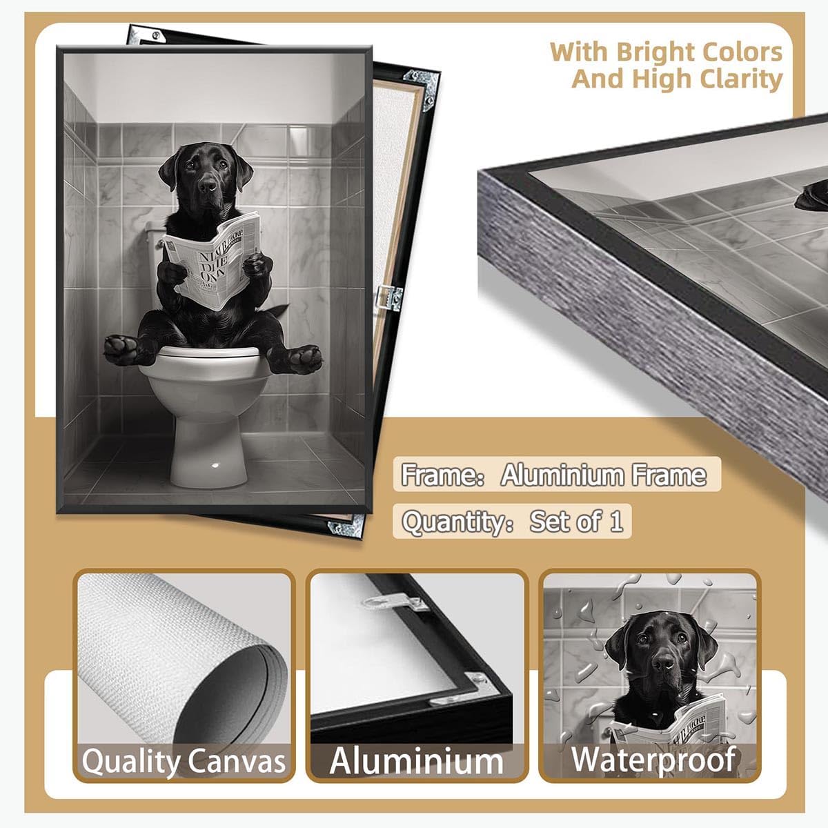 Beshdomp Vintage Black Labrador Retriever Reading On Toilet Newspaper Posters Black And White Canvas Wall Art Funny Animals Aesthetic Prints Painting For Home Bedroom Dorm Wall Decor 8x10in Framed