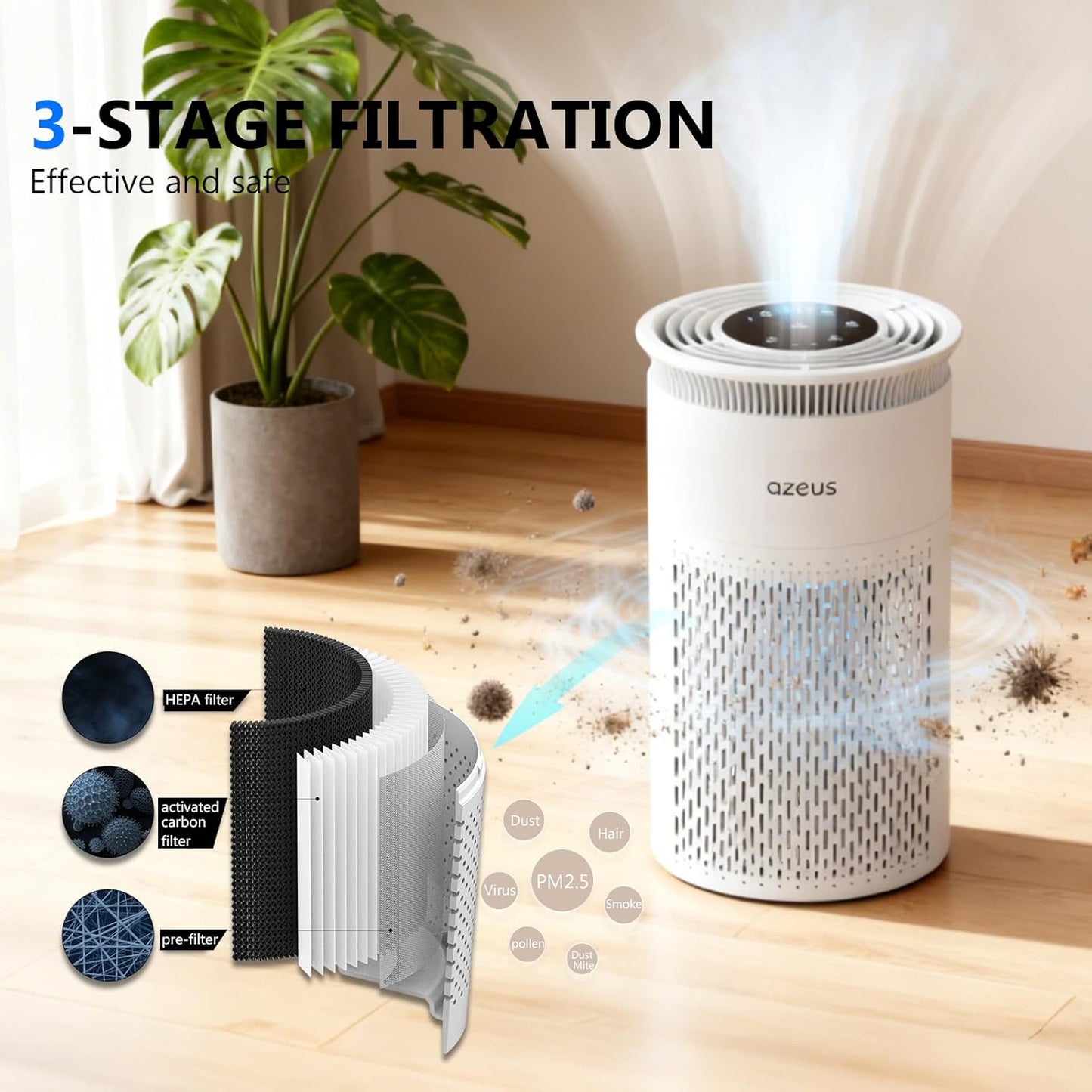 AZEUS Air Purifier for Home, Compact Air Cleaning Device with Multi-Layer Filter, Quiet Operation for Bedroom, Office & Living Room