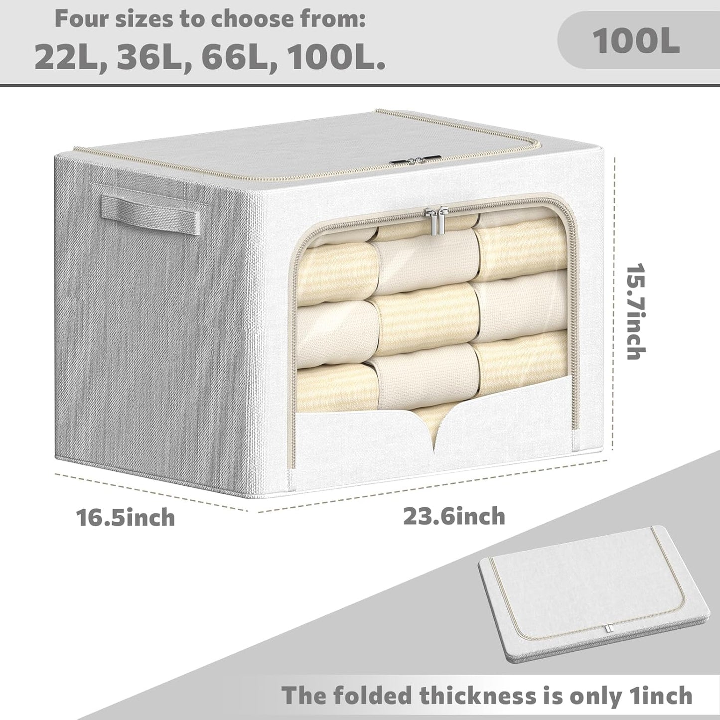 FHSQX 3 Pack Clothes Storage Bins Foldable Metal Frame Storage Box Stackable Linen Fabric Container Organizer Set with Carrying Handles and Clear Window (Cream White, 23.6x16.5x15.7inch(100L))