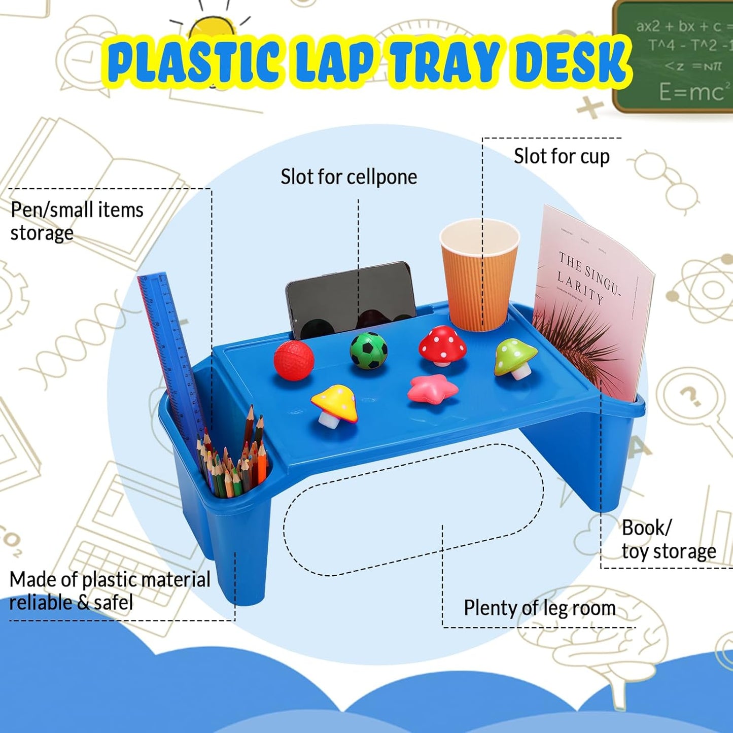 Leinuosen 6 Pcs Kids Lap Desk Tray with Storage Plastic Breakfast Laptop Trays with Side Pockets and Slot Portable Lap Bed Table for Writing Eating Game Classroom Snacks Boy Girl (Multi Colors)