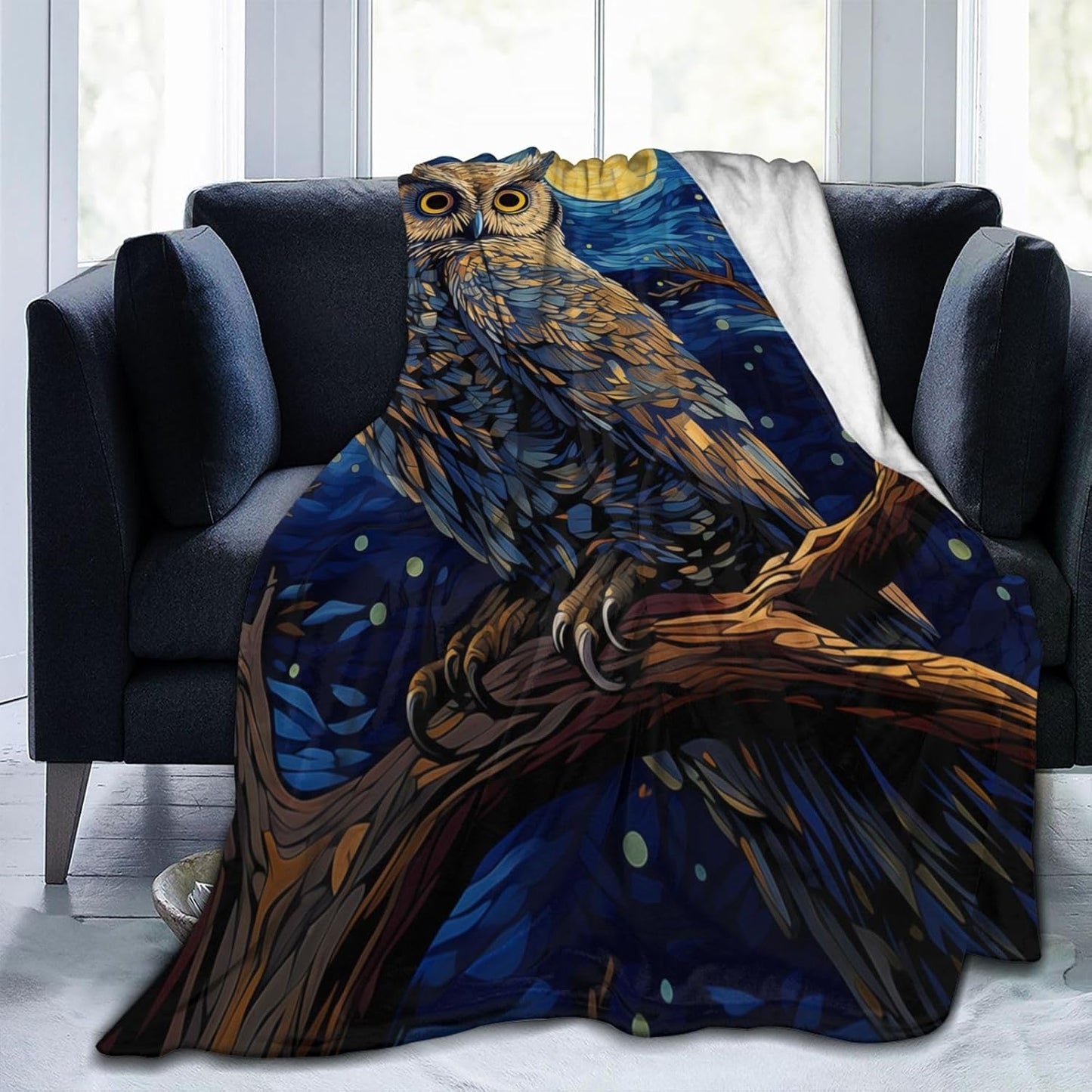 Owl Blanket for Adults Kids Gifts for Owl Lovers Blue Starry Sky Painting Flannel Throw Blankets Soft Comfy Lightweight for Home Decor Couch Bed Sofa 60x50 Inches