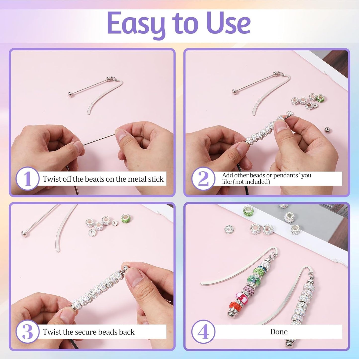 Prasacco 24 Pcs Beadable Bookmarks, Metal Blank DIY Bookmarks for Beads DIY Bookmark Craft Jewelry Pendant Charm for Book Lovers, Bookworms, Students, Teachers, Office Supplies (Silver)