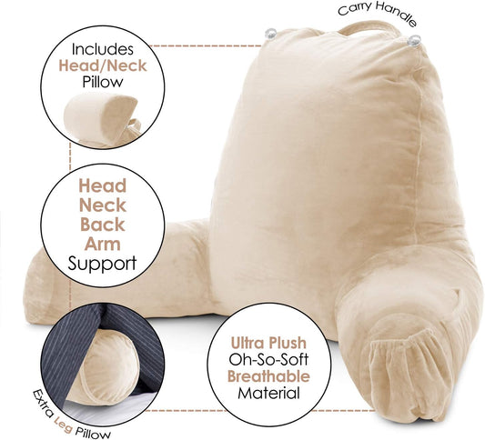Clara Clark Reading Pillow, Back Rest Pillow for Sitting in Bed with Arms for Kids & Adults - Premium Shredded Memory Foam TV Sit Up Pillow - Large, Cream