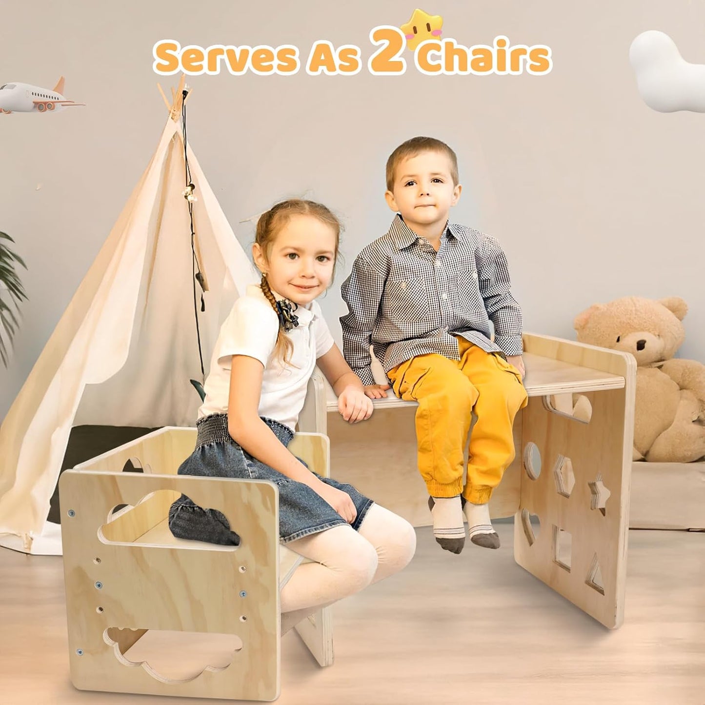 Satisure Montessori Weaning Table and Chair Set, Wooden Toddler Table and Chair Set, 1-3 Age Kids Table and Chairs with Blackboard & 3 Heights Adjustable for Eating & Drawing & Reading
