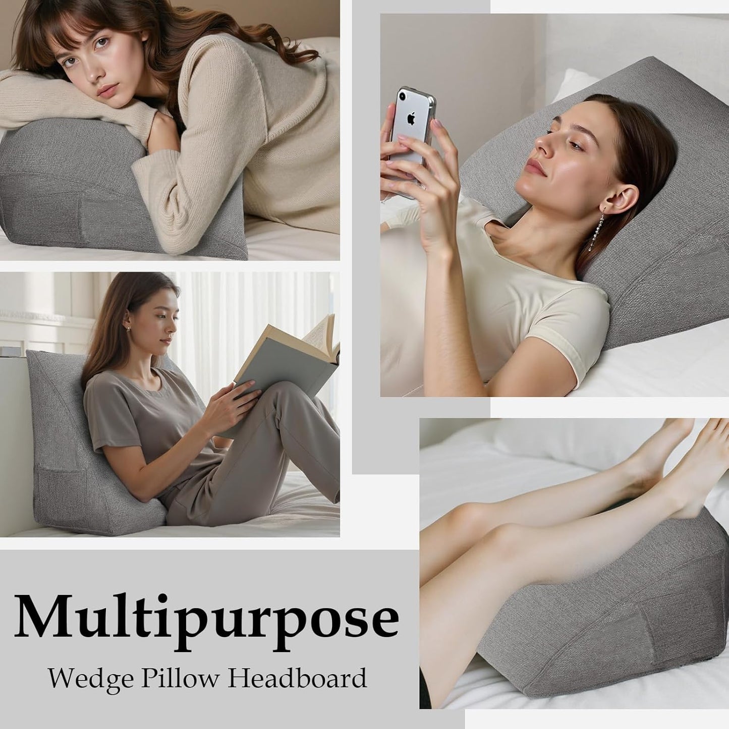 Wedge Headboard Pillow Reading Pillows for Sitting in Bed Adult Backrest Cushion with Removable Cover Side Pockets Sofa Grey