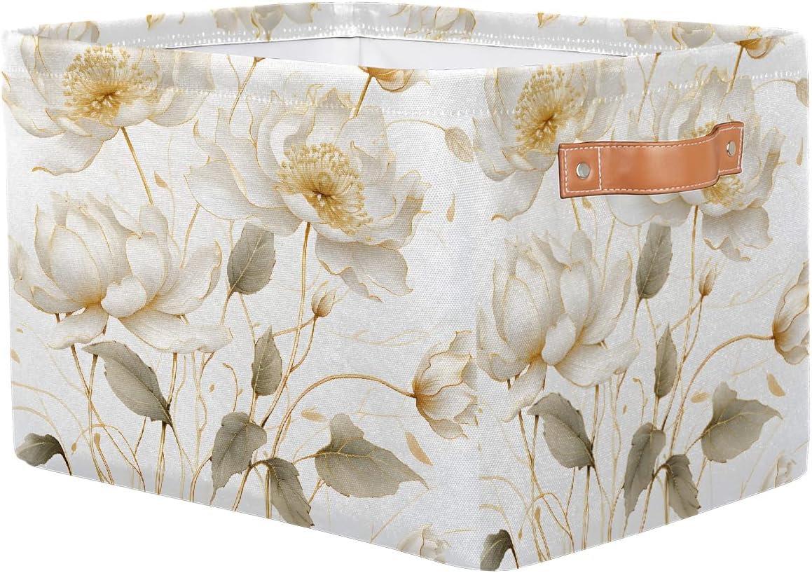Rectangular Storage Basket White Flower Decorative Storage Bins Boxes Collapsible Cubes Organizer with PU Leather Handles for Home Organization