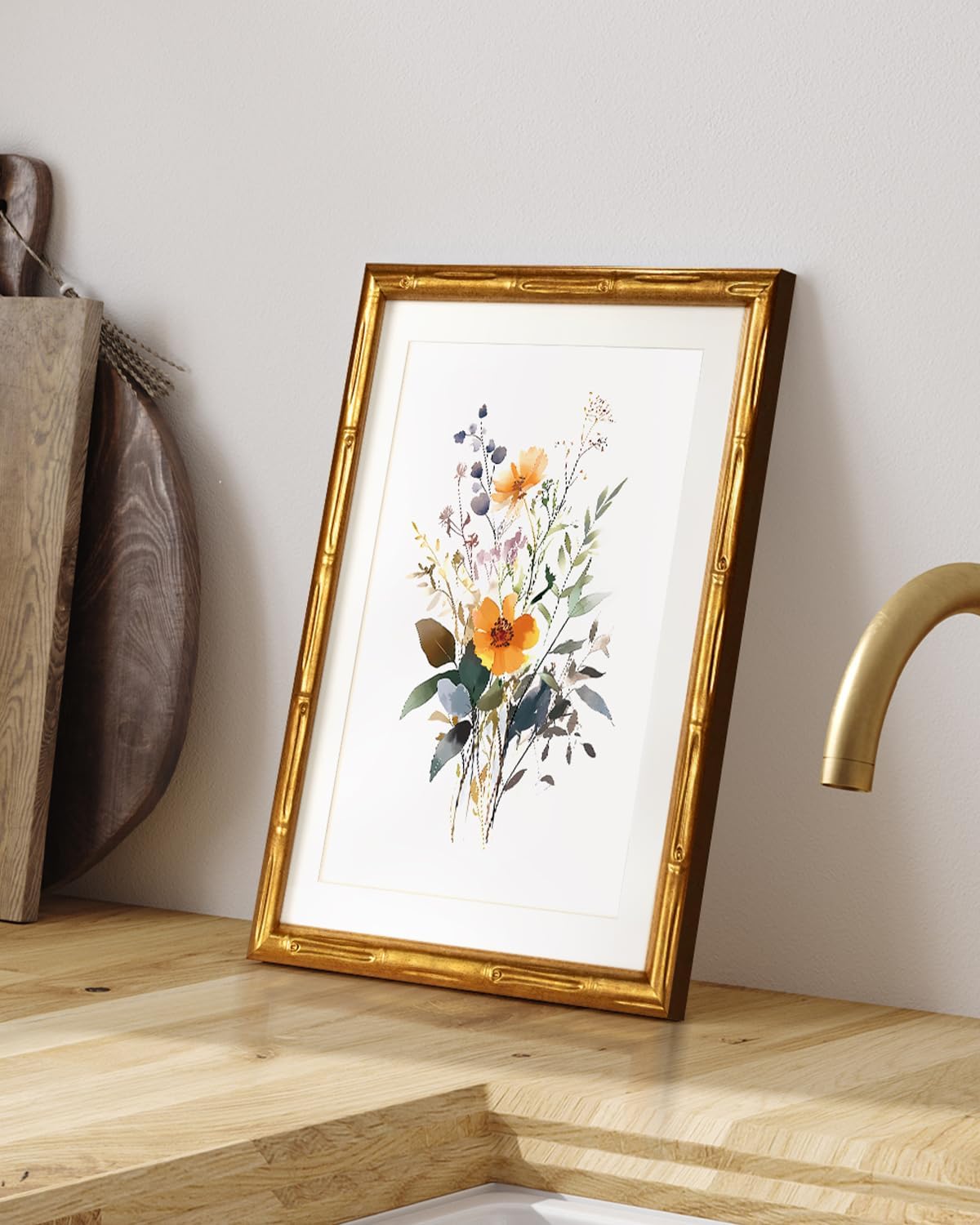 Gold Bamboo Style Framed Floral Canvas Wall Art, Elegant 11x14 Inch Botanical Flower Print, Modern Soft Illustration Watercolor-Inspired Artwork, Bedroom Entryway Bathroom Decor