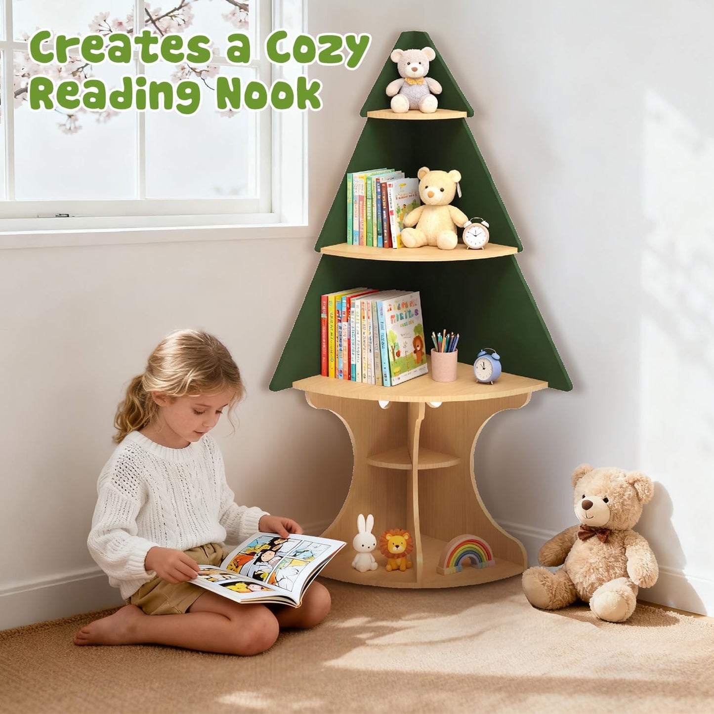 Bookshelf for Kids, Children Tree-Bookshelf, Space-Saving Montessori Toddler Corner Bookcase for Nursery, Kindergarten, Kids Rooms