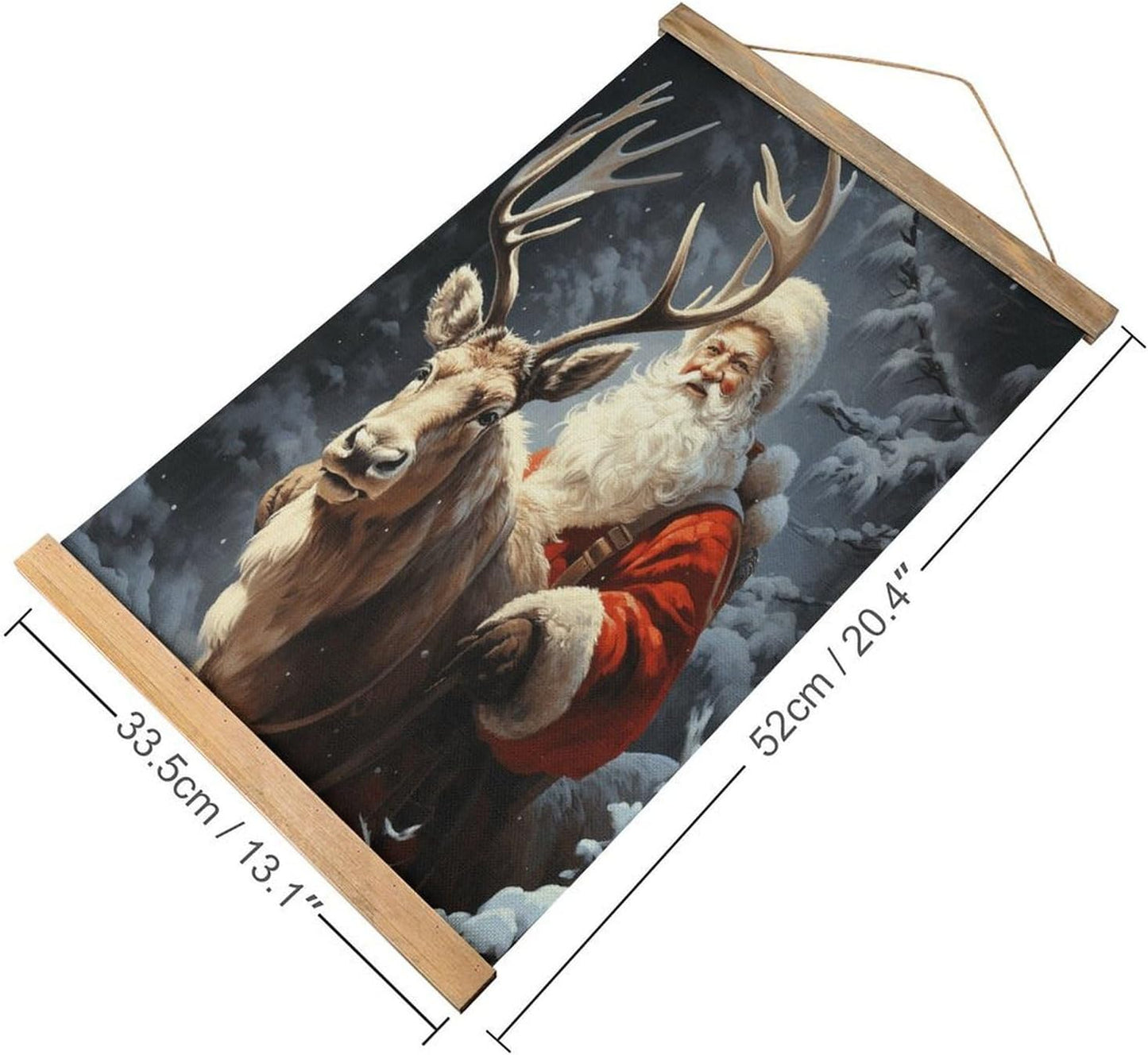 Vintage Santa Claus And Deer Elk Poster with Wooden Frame Personalized Linen Hanging Scroll Painting Rustic Wall Hanging Illustrative Modern Artwork Decor for Home Living Room Bedroom Office