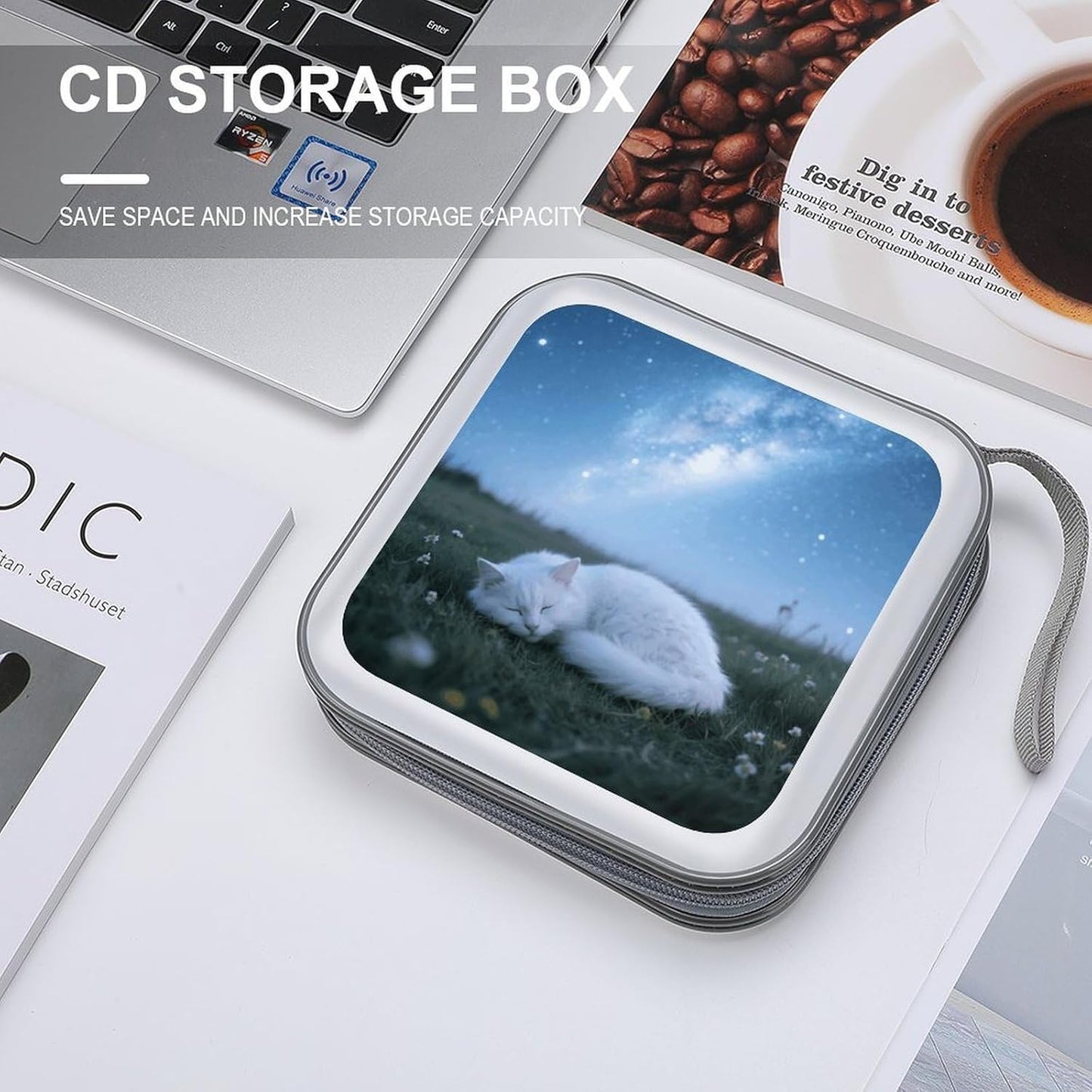 Sleep Cat Starry Night CD Case Portable Zipper CD Case 40 Capacity Hard Plastic DVD Cases Holder Large Storage Disc Wallet Bag for Car Home Travel DVD Collection Bag