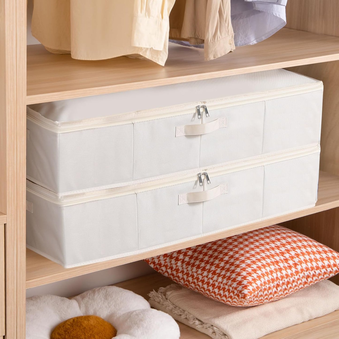 Under Bed Storage Container, Clothes Organizer with Handles, Foldable Storage Bin With Lid, Beige, 1 Pack, 23.6 x 11.8 x 5.9 Inch