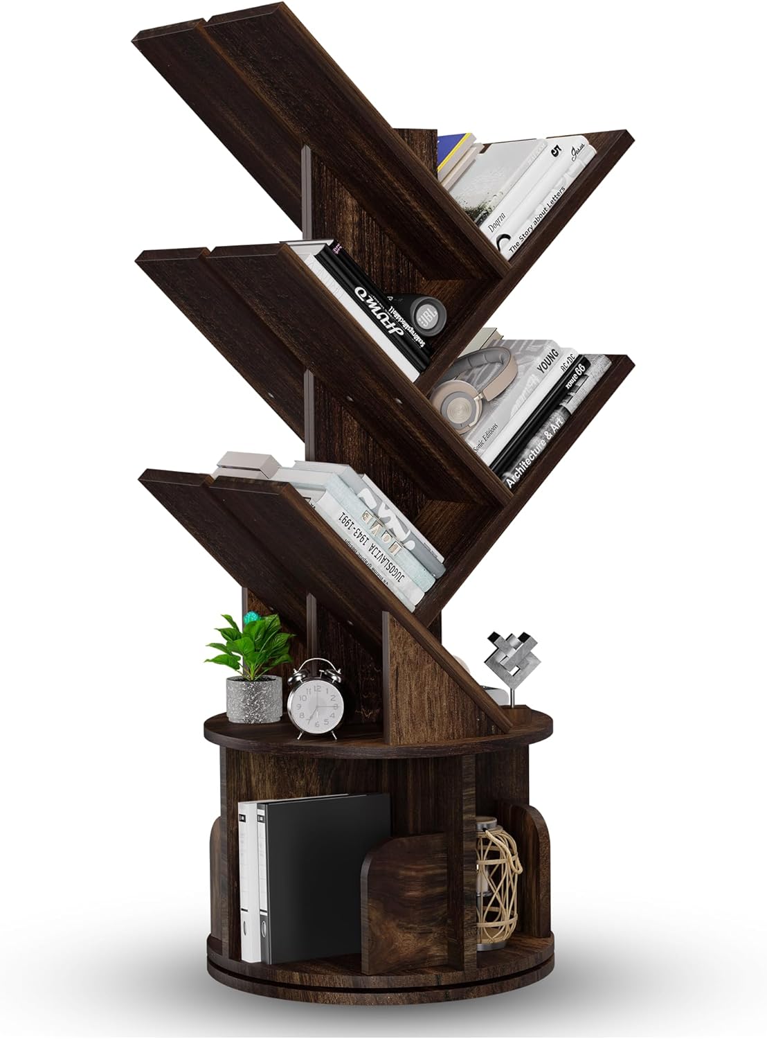 Rotating Bookshelf Tree, 5 Tier Space Saving Narrow Bookcase, Unique 360° Spinning Tower, Premium Wood Corner Book Shelf for Kids or Office, Tall Standing Storage Organizer