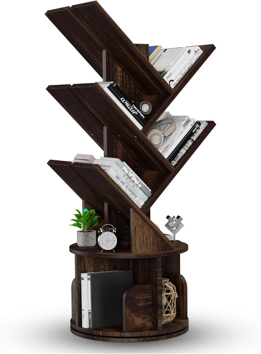 Rotating Bookshelf Tree, 5 Tier Space Saving Narrow Bookcase, Unique 360° Spinning Tower, Premium Wood Corner Book Shelf for Kids or Office, Tall Standing Storage Organizer