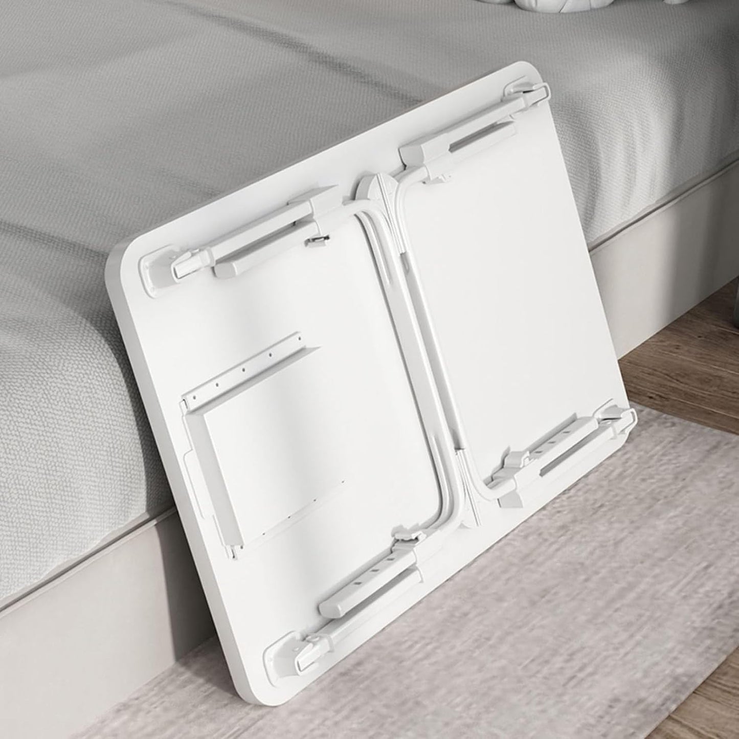 Foldable Movable Overbed Table, Hospital Bed Table with Bookcase, Drawer, Card Slot and Cup Holder, Adjustable Height Over Bed Table for Writing, Eating, Reading and Hobbies