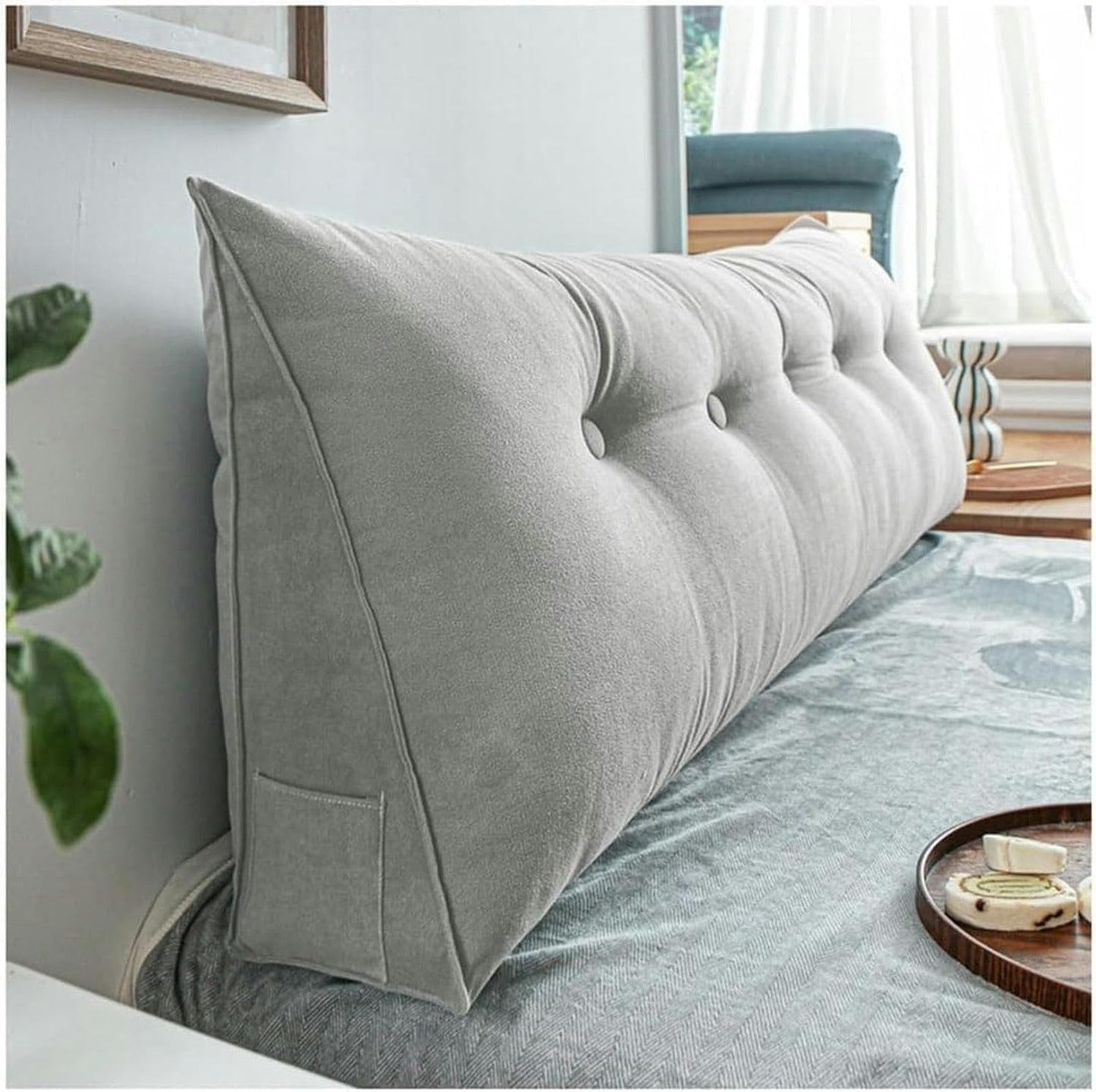 Triangular Headboard Pillow, Sofa Bed/Sofa Queen Reading Pillow, Bed Side Cushion, Large Back Lumbar Pillow with Removable Dimple, Triangular Sit Up Support Positioner with Pockets, Light Gray