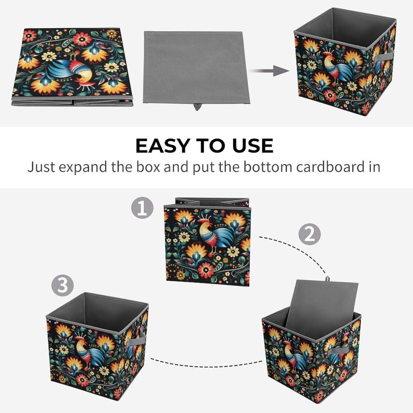 Polish Folk Art Pattern Storage Bins with Handles Fashion Large Storage Cubes Sturdy Foldable Storage Boxes Space-Saving Storage Baskets for Home Office Clothes Closet Organizers