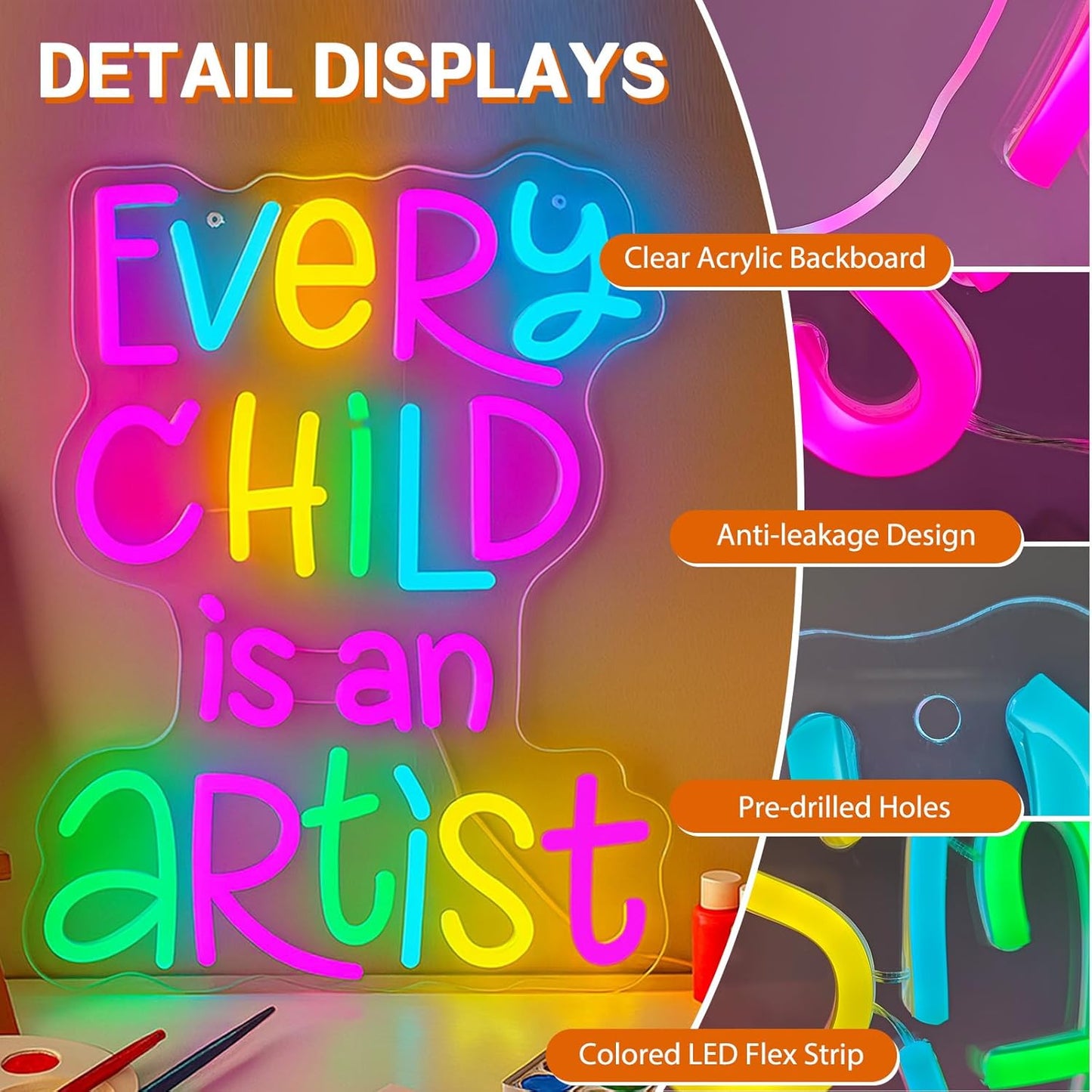 Every Child Is an Artist Neon Sign, Classroom Decor USB Powered Dimmable LED Word Light, Library Reading Corner & Home Study Wall Art, Teacher Gift, Easy Hang Acrylic Backboard