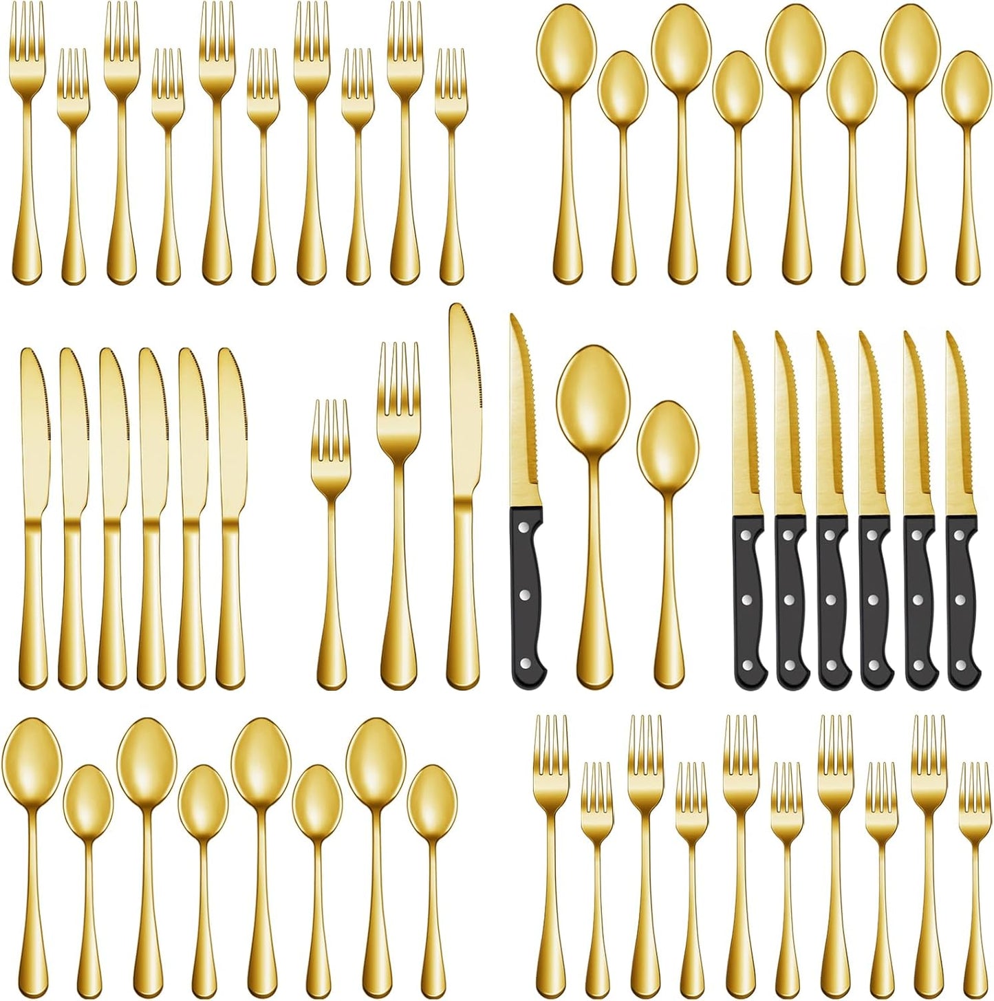 48 Pcs Gold Silverware Set with Steak Knives, Stainless Steel Flatware Cutlery Set Service for 8, Kitchen Tableware Sets, Utensil Sets for Home and Restaurant, Knives Forks Spoon, Dishwasher Safe