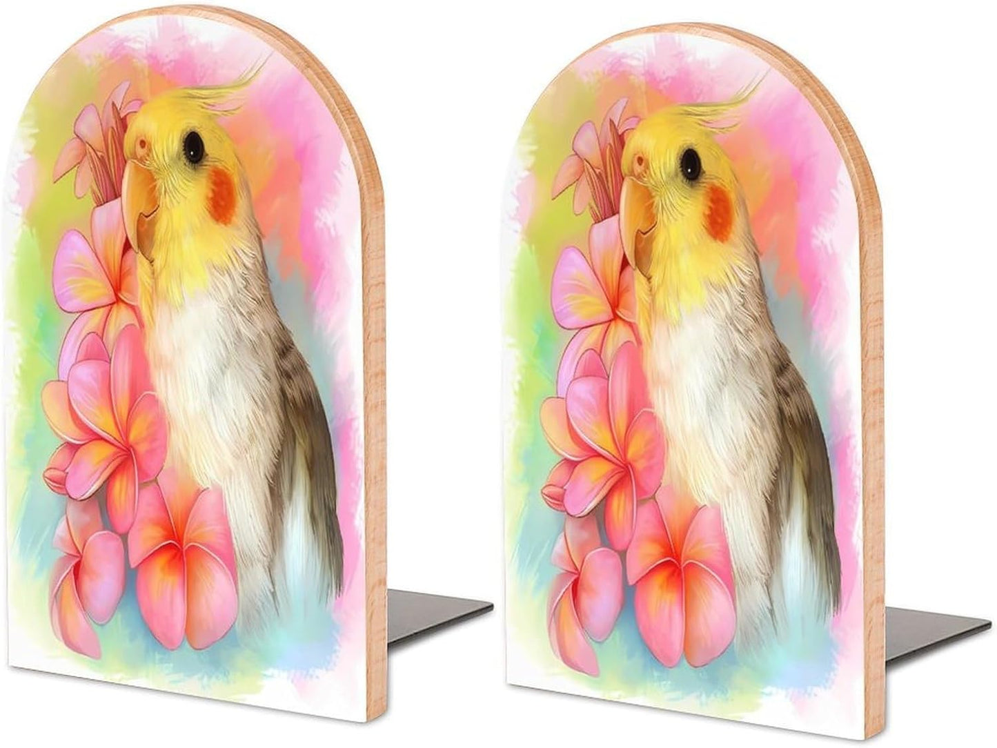 Cute Cockatiel Wooden Bookend Non-Slip Book Ends Heavy Duty Book Stopper with Metal Base Books Holderd Decorative Bookends Stands Firmly for Office Supplies