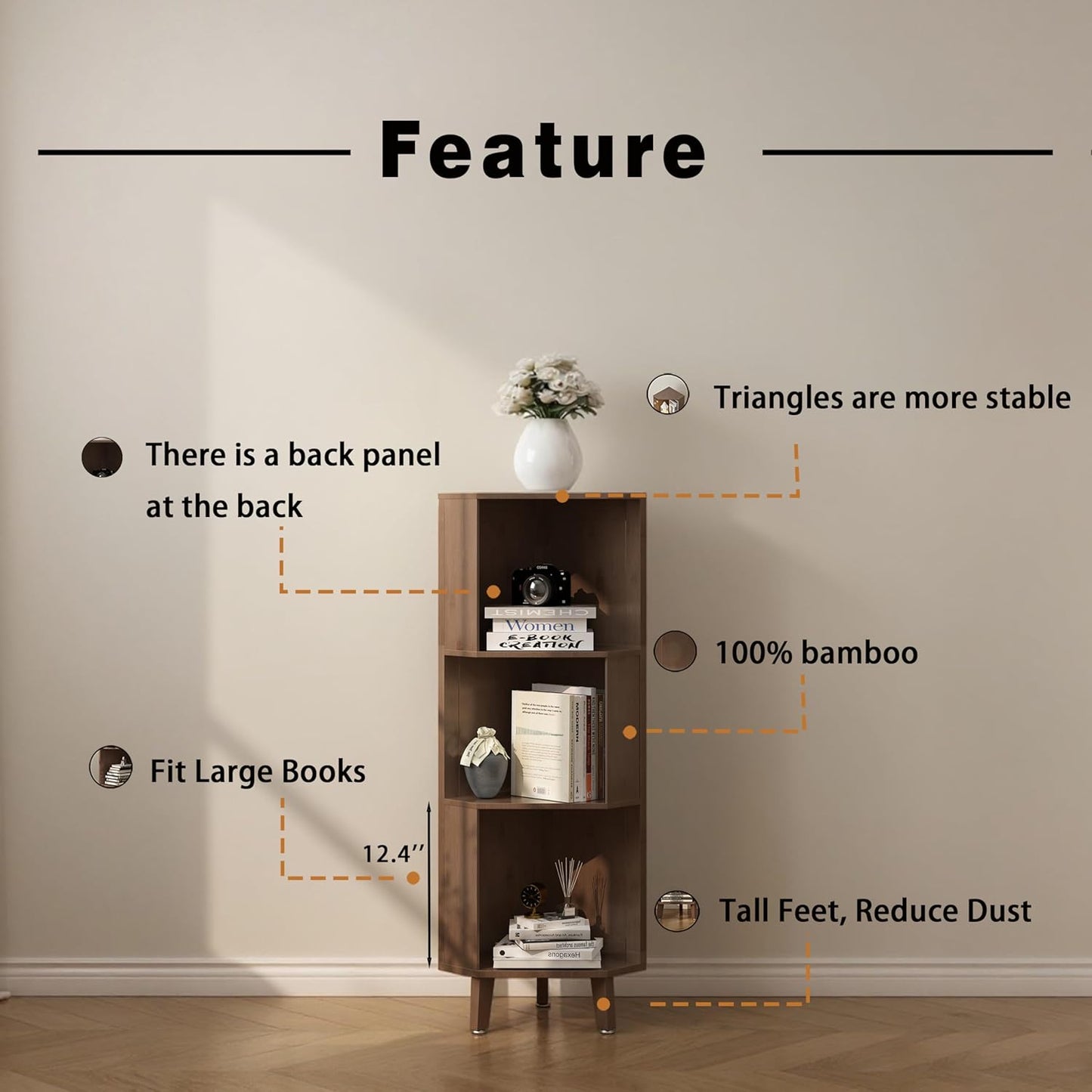 3 Tier Corner Bookshelf, 45.3’’ Tall Bamboo Corner Bookcases with Storage Display Rack for Home Office, Living Room, Study Room (Brown)