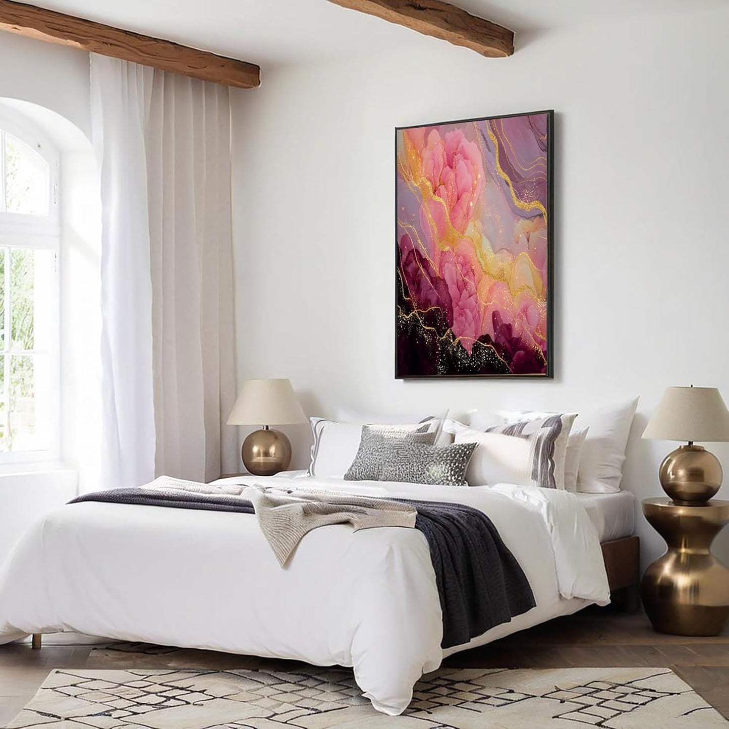 GDJSMIN Abstract Pink Marble Aesthetic Wall Art, Gold Foil Stripe Design Poster for Reading Room Living Room Decor 12x 16 inch Unframed