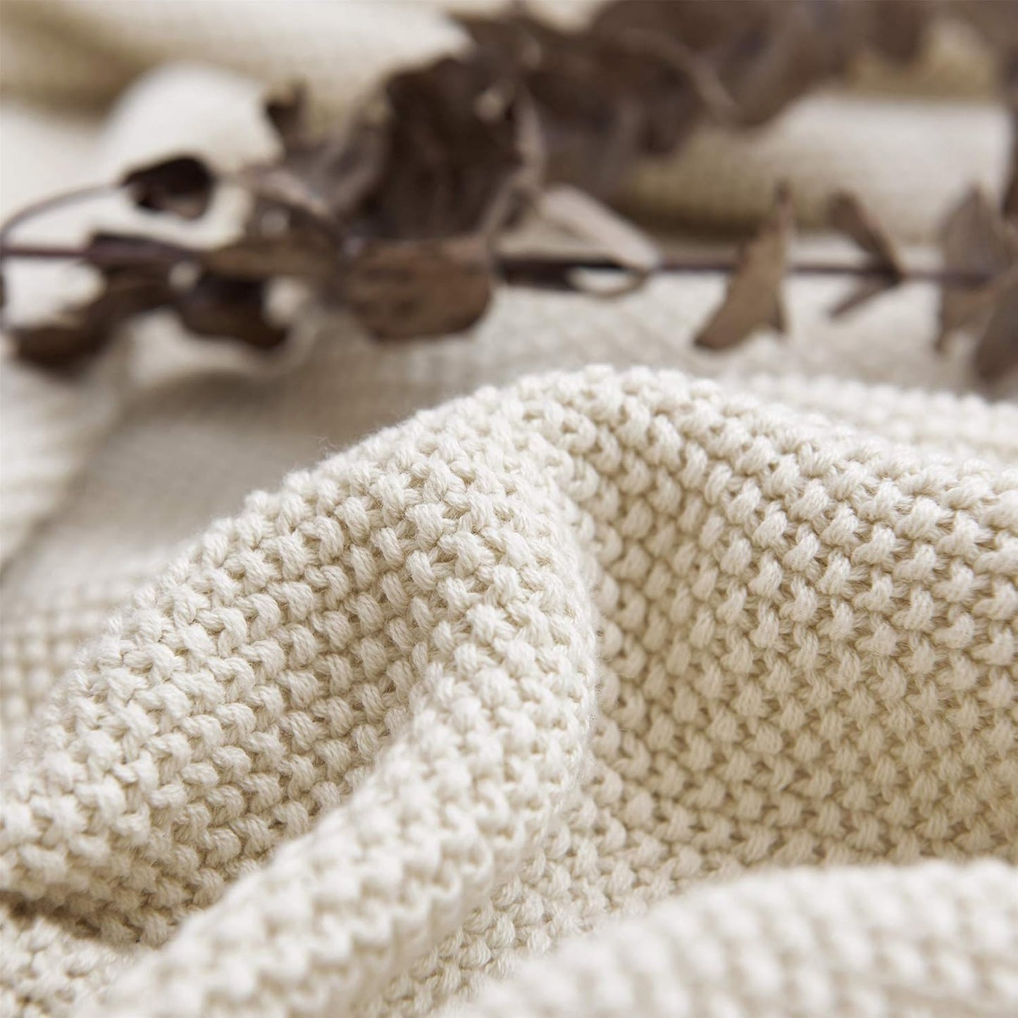 Longhui bedding Cotton Cable Knit Throw Blanket for Couch Sofa Bed, Home Decorative, Lightweight Woven Blankets with Bonus Laundering Bag, 50“ x 60”, Beige