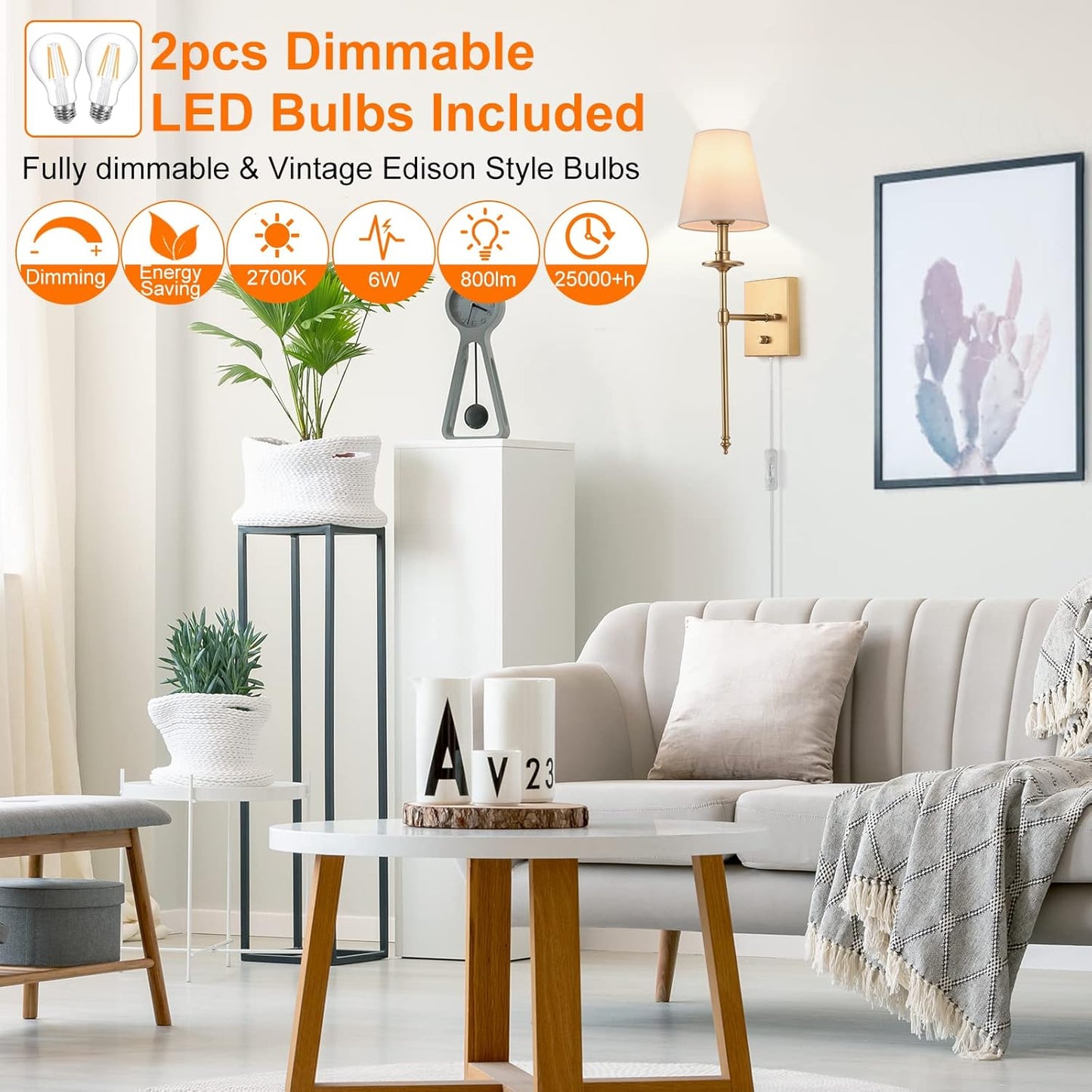 Dimmable Wall Sconces Set of Two, Plug in Wall Sconces White Fabric Shade, Wall Lamp for Bedroom, Living room, Plug in Wall Light Sconces Wall Decor Set of 2, LED Bulbs Included, Antique Brass