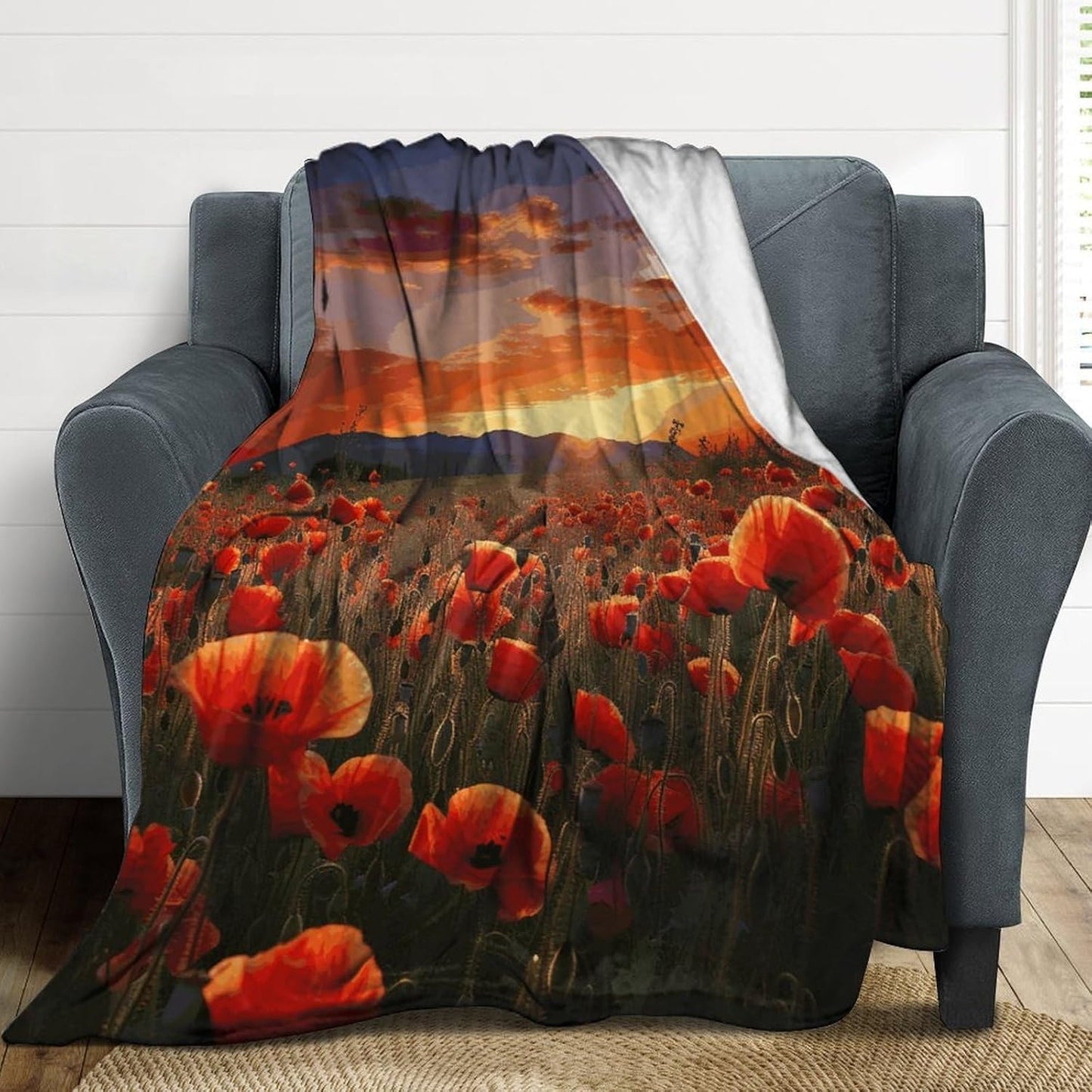 Red Poppy Flower Field in Sunset Blanket Super Soft Lightweight Throw Blanket Cute Cozy Warm Bed Blanket Decorative Fuzzy Blanket All-Season Home Decor Gift for Sofa Couch Living Room 40"*50" （100*130