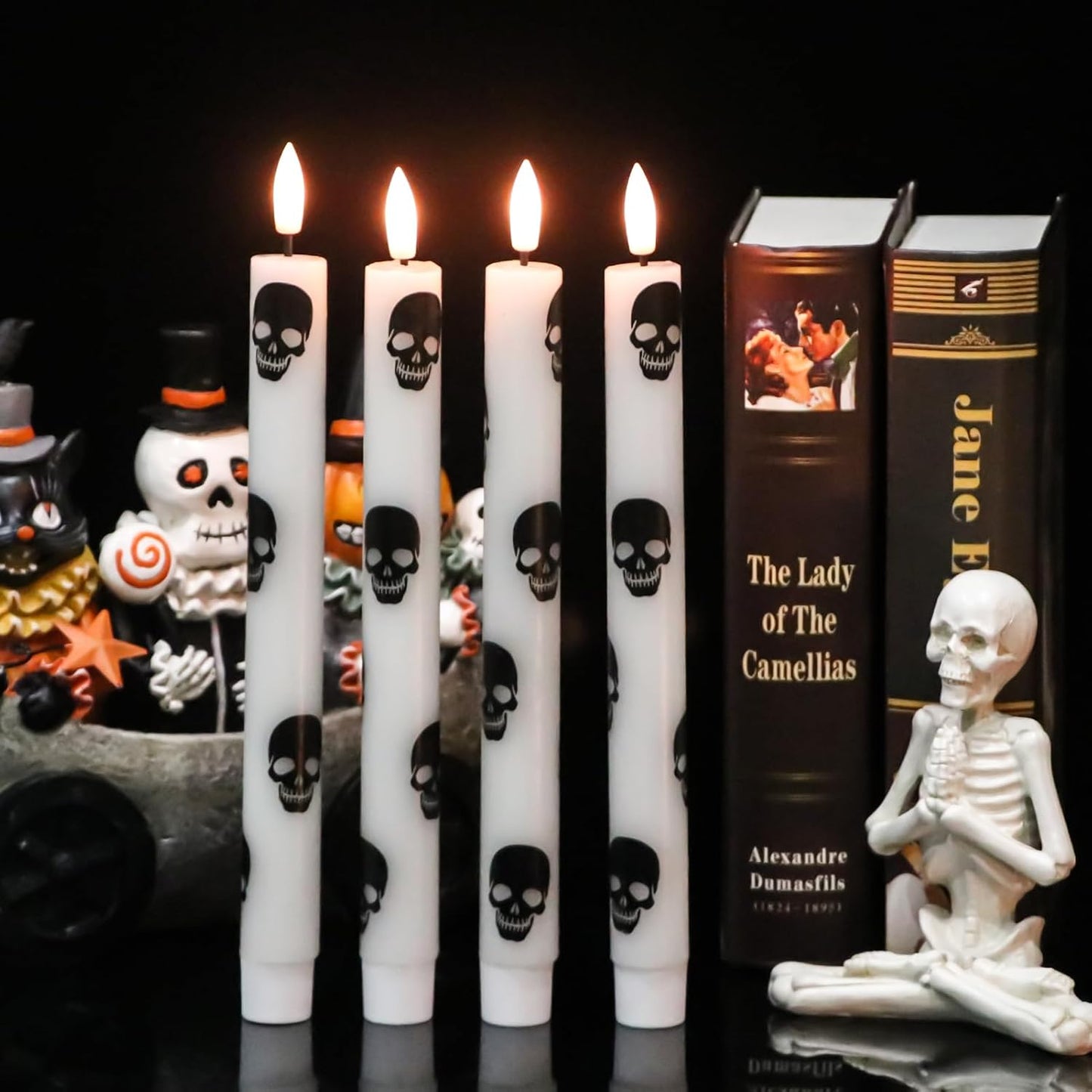 GenSwin Halloween Flameless Taper Candles Remote Timer, 4 Pack Real Wax LED Taper Candles Battery Operated Flickering with Skull Prints, Flameless Candlesticks for Halloween Decor(0.75”x 9.65”)
