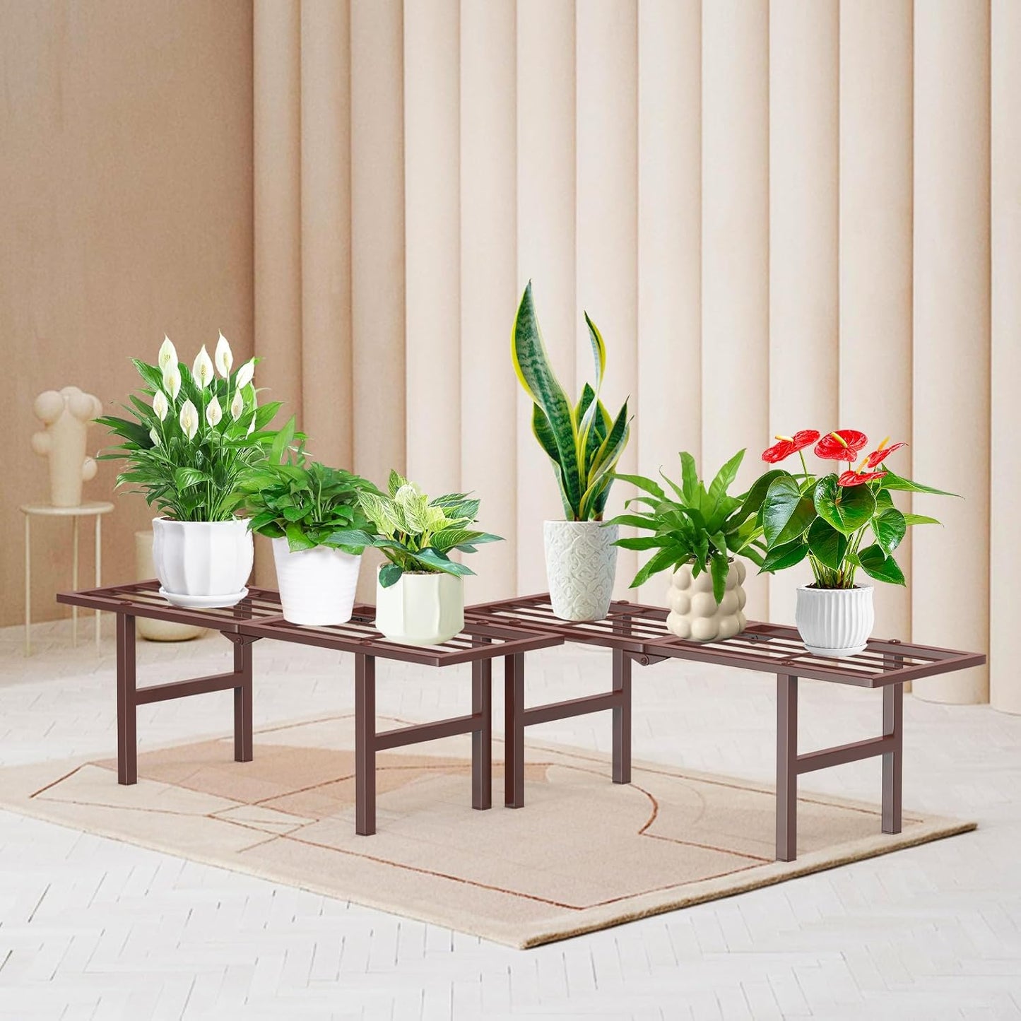 2 Pack Metal Plant Stand Outdoor Indoor, 1 Tier Folding Tiered Flower Plant Shelf, Heavy Duty Ladder Multiple Pot Display Plant Rack for Patio Garden Balcony Windowsills, Brown