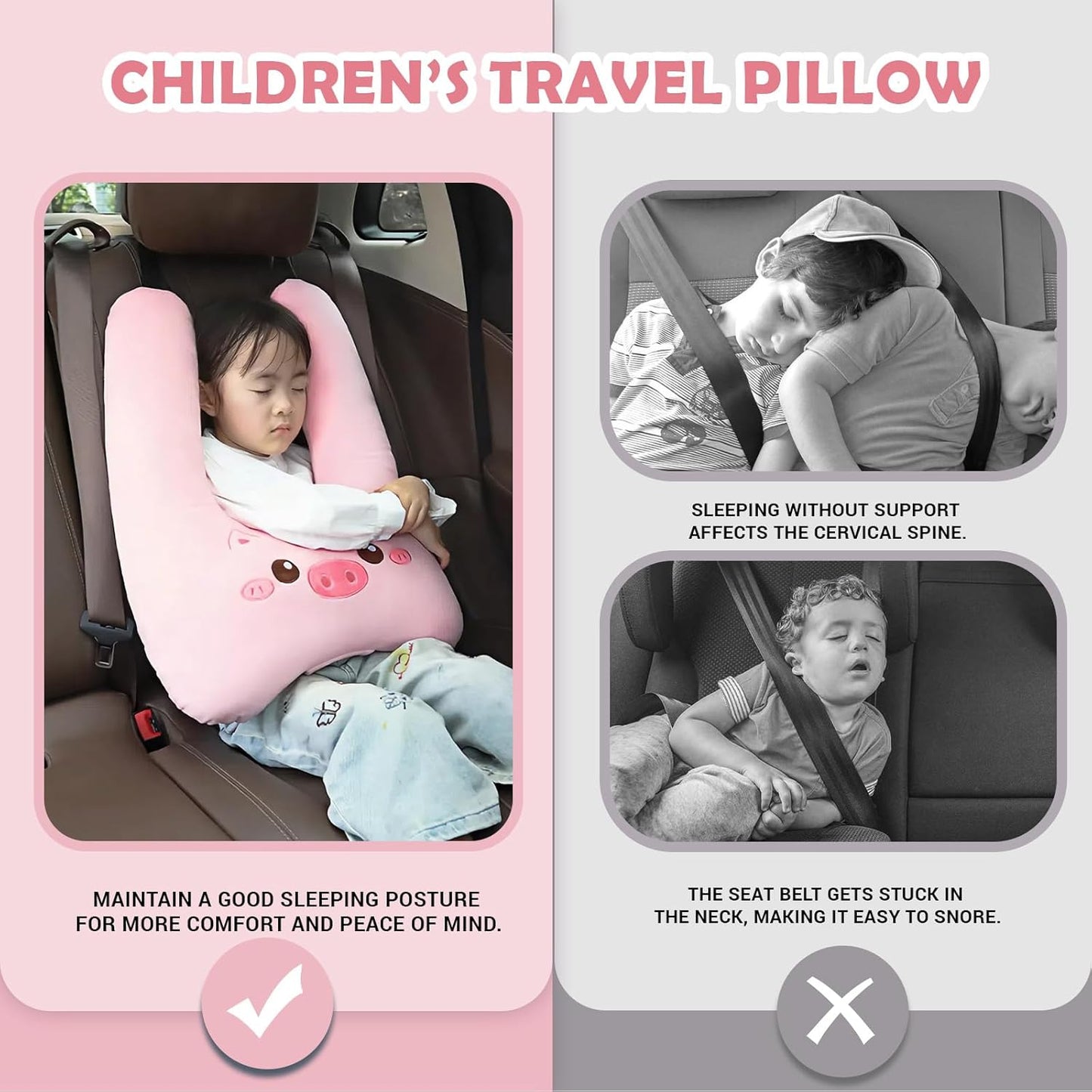 Kids Travel Pillow, Full Filling, Skin-Friendly Material, Suitable for Cars, Planes, Trains, and School Buses, Pink