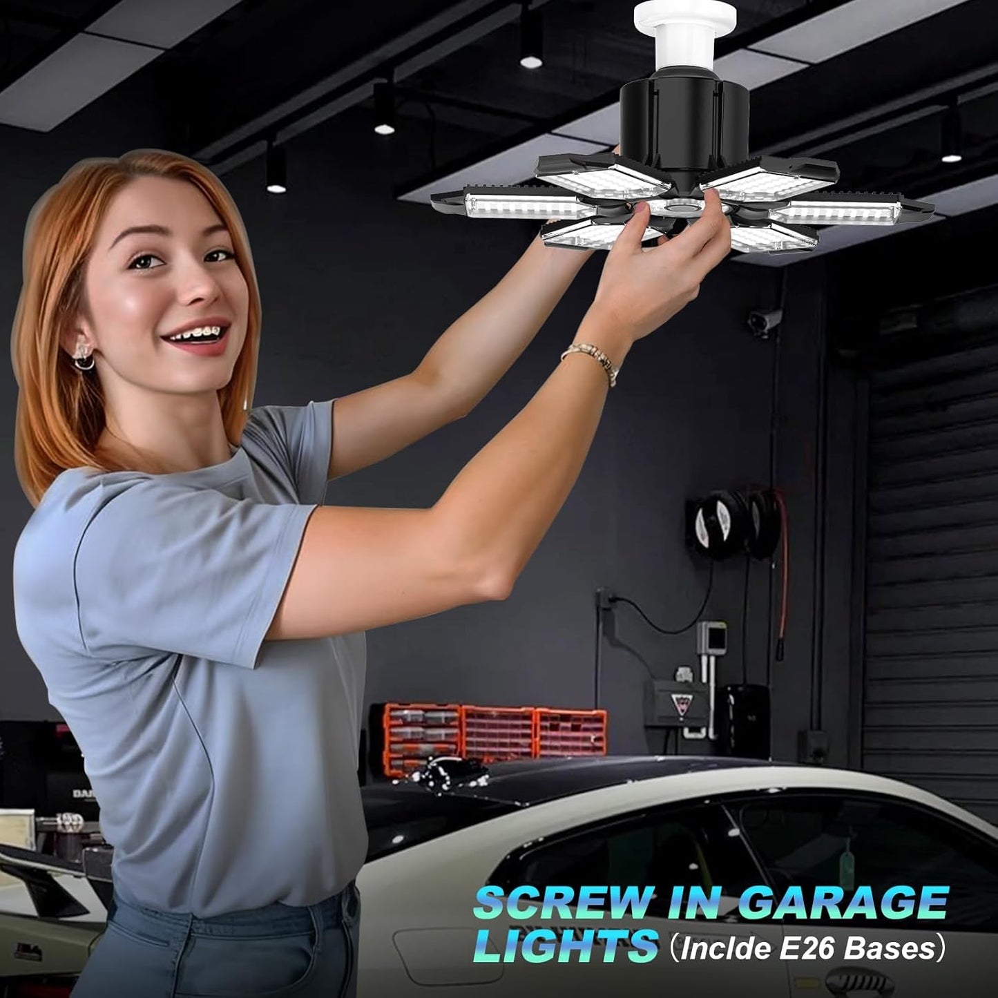 Led Garage Lights 6-Pack 200W Super Bright Ceiling Led Shop Lights, E26/E27 Base, 6500K, 22000LM Deformable Garage Light Ideal for Basement, Attic and Workshop