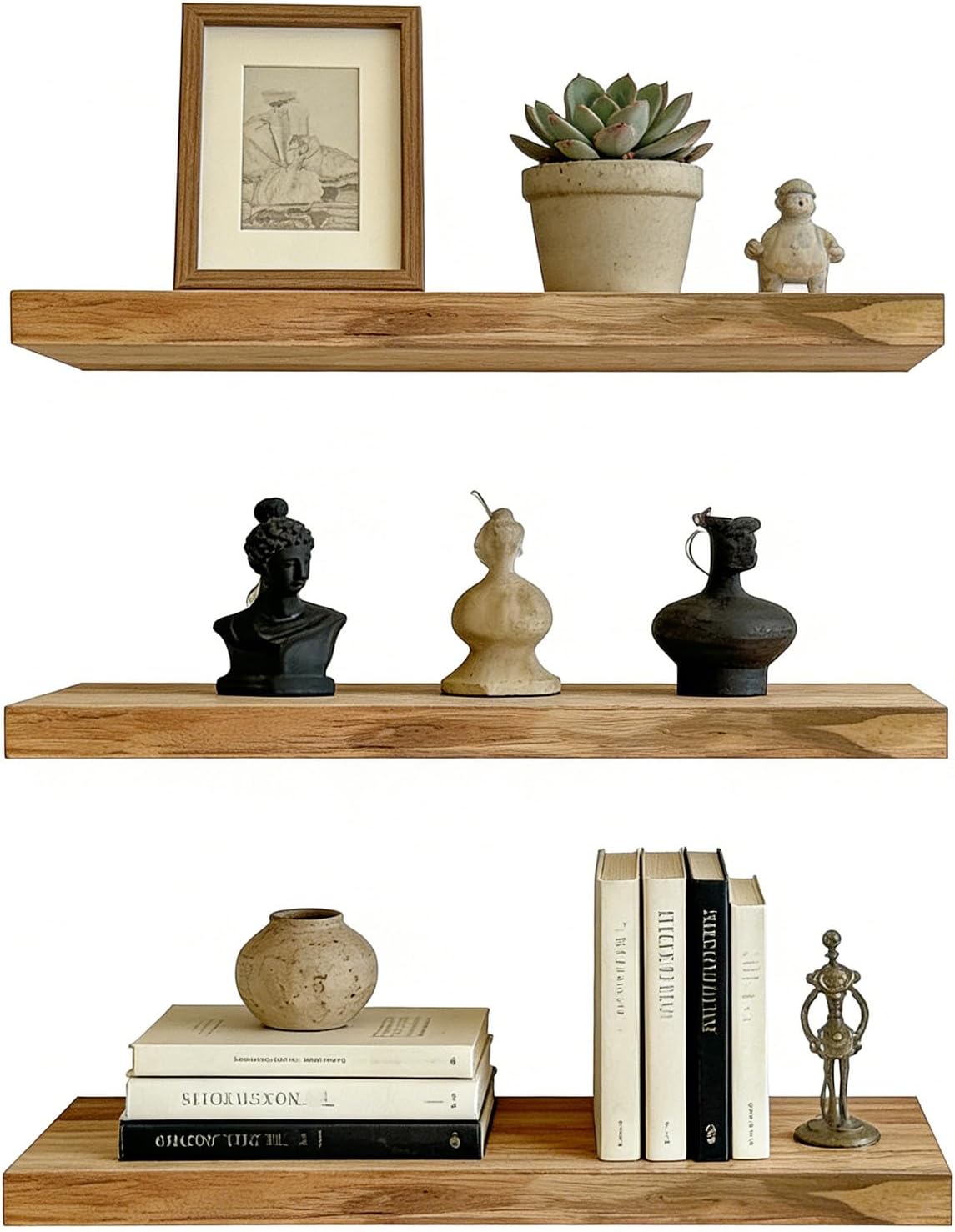 Floating Shelves for Wall, Solid Wood Wall Shelves Set of 3, Wall Mounted Floating Shelf with Hidden Brackets, Hanging Wood Shelves for Bedroom Bathroom Kitchen Living Room Storage Display