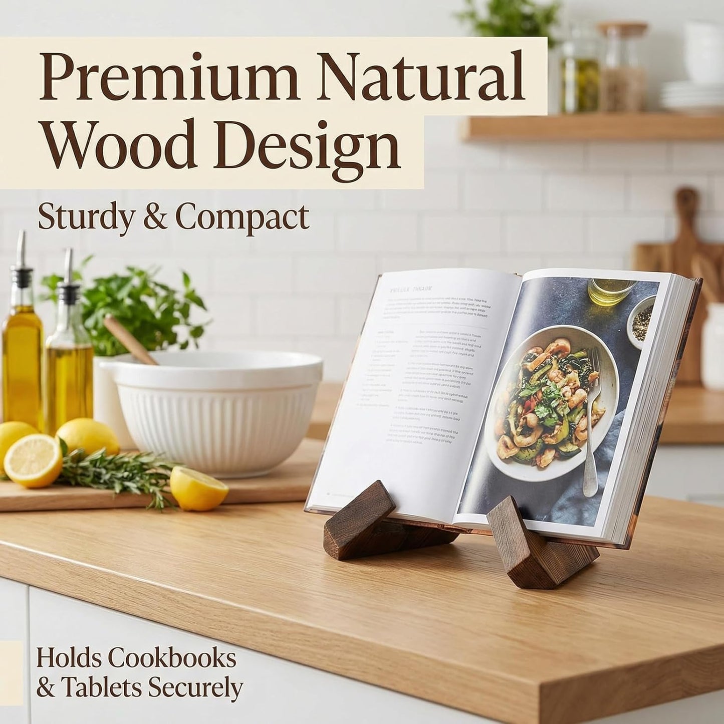 Wooden Cookbook Stand, Adjustable Recipe Book Holder with Cross-Frame Design, Multipurpose Display Easel for Kitchen Counter and Desktop Reading (Rustic Brown)