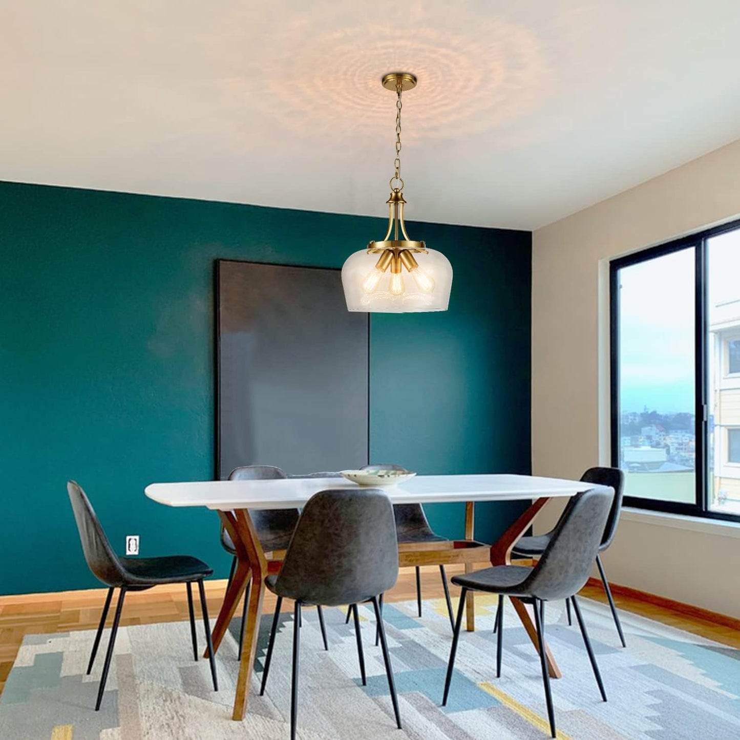 Modern Gold Pendant Light Mid Century 3-Light Clear Glass Pendant Lighting with Adjustable Chain Hardwired Brass Glass Pendant Lights Kitchen Island for Dining Room Bedroom Living Room
