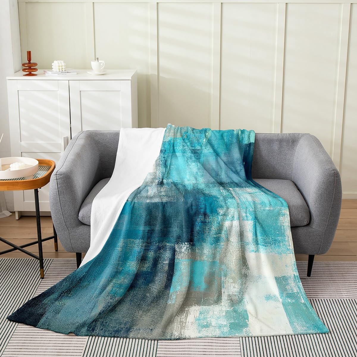 Erosebridal Turquoise and Grey Blanket for Youth Adult,Grunge Teal Ombre Throw Blanket All Season,Vintage Watercolor Artwork Fleece Blanket Bedroom Decor,Contemporary Flannel Blanket,Throw 50x60