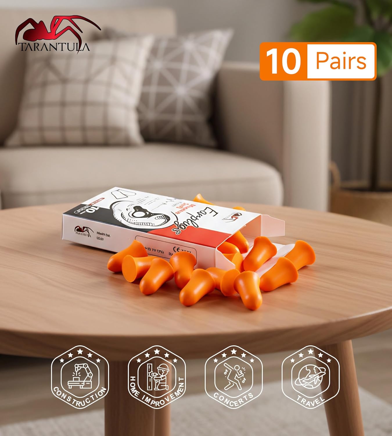 Tarantula 10 Pairs 33 NRR Soft Foam Ear Plugs, Noise Cancelling for Snoring, Loud Noise, Travel, Concerts, Construction, Studying, Work, Shooting – Disposable Hearing Protection, Orange