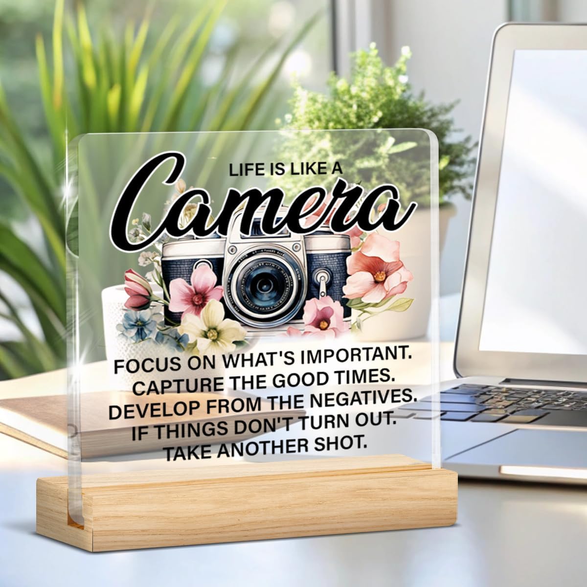 Inspirational Gifts for Women, Motivational Gifts for Besties Friends, Life Is Like a Camera Acrylic Desk Sign Home Decor Office Clear Desk Sign