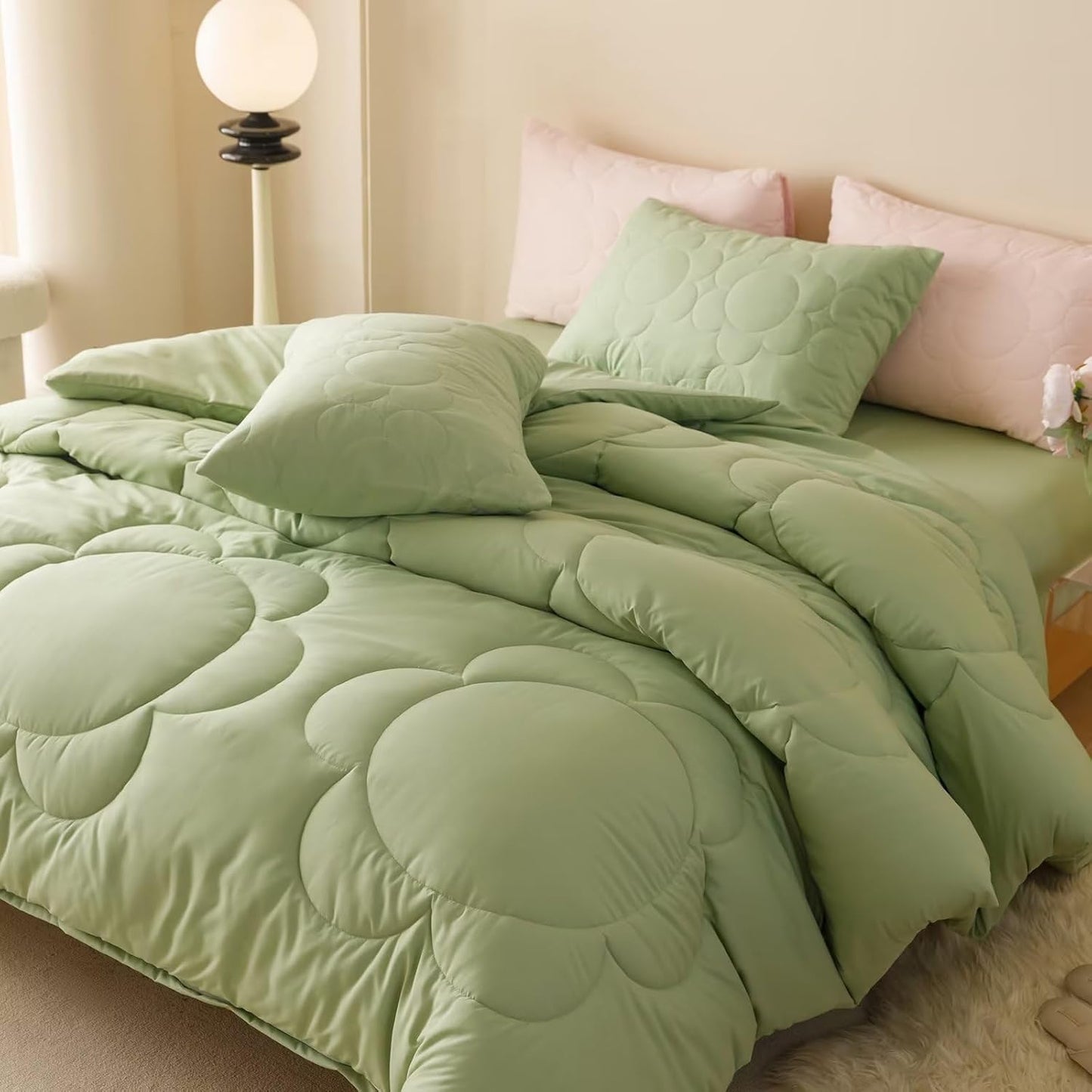 Cottonight Sage Sunflower Comforter Set - Queen Size, Light Green Floral Bedding Set - Women's Boho Farmhouse Chic Blanket & Quilts - Soft, Breathable, Grass Green Printed 3 Piece Set
