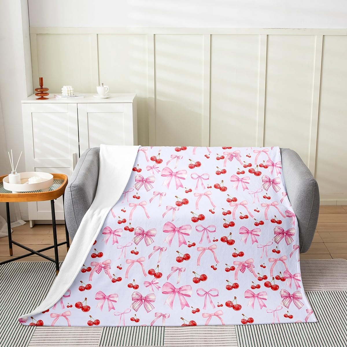 Feelyou Bow Cherry Plush Throw Blanket, Queen 90"x90" Watercolor Bow All Season,Bed Blanket for Sofa Couch Girls Teens Bedroom Decor Blue Cute Bowknot Flannel Fleece Blanket Women Men Fruit